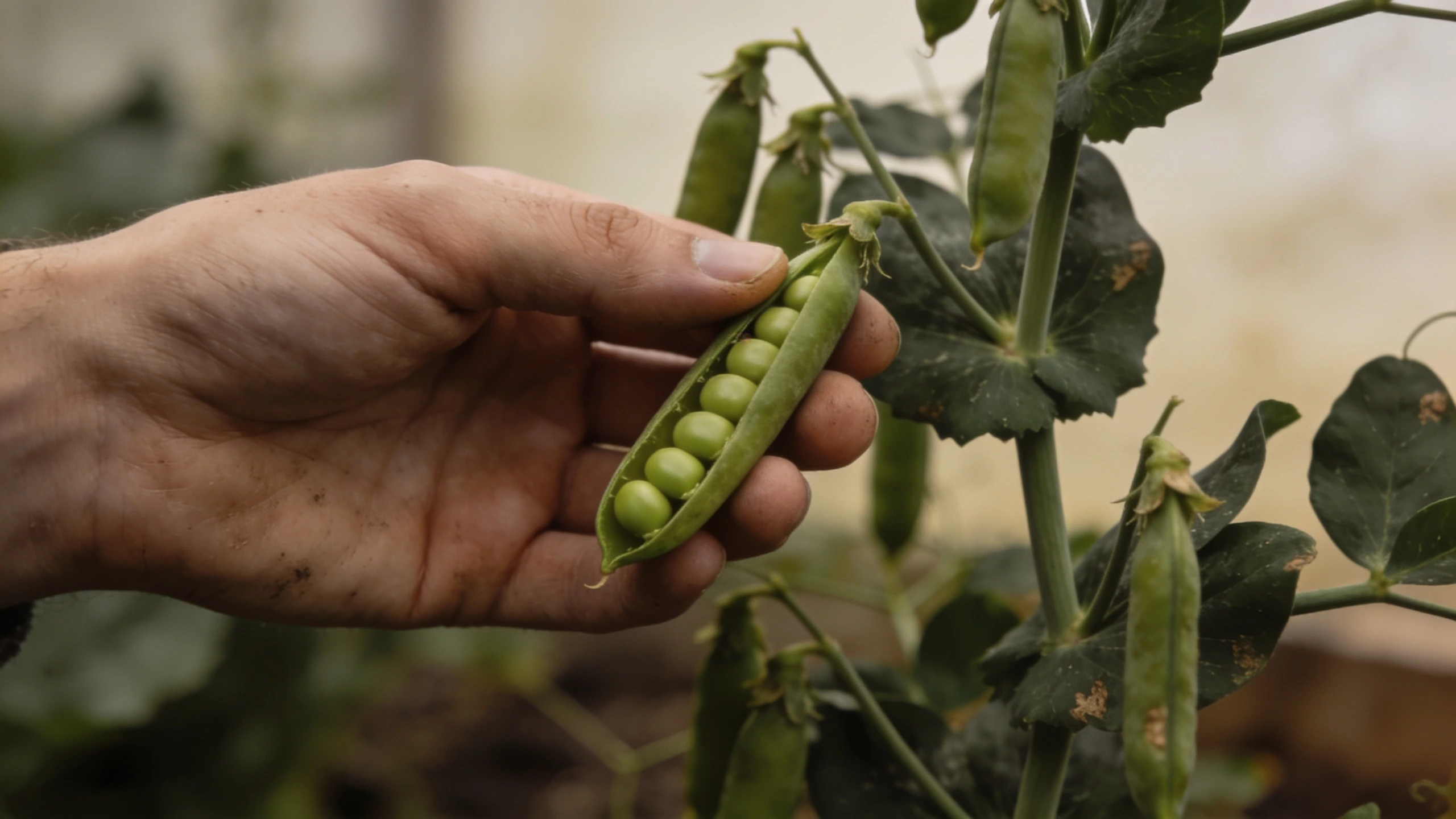 Picking from the base upwards, where they ripen first Hand picking a well filled pea pod from low down on the plant with more pods above it