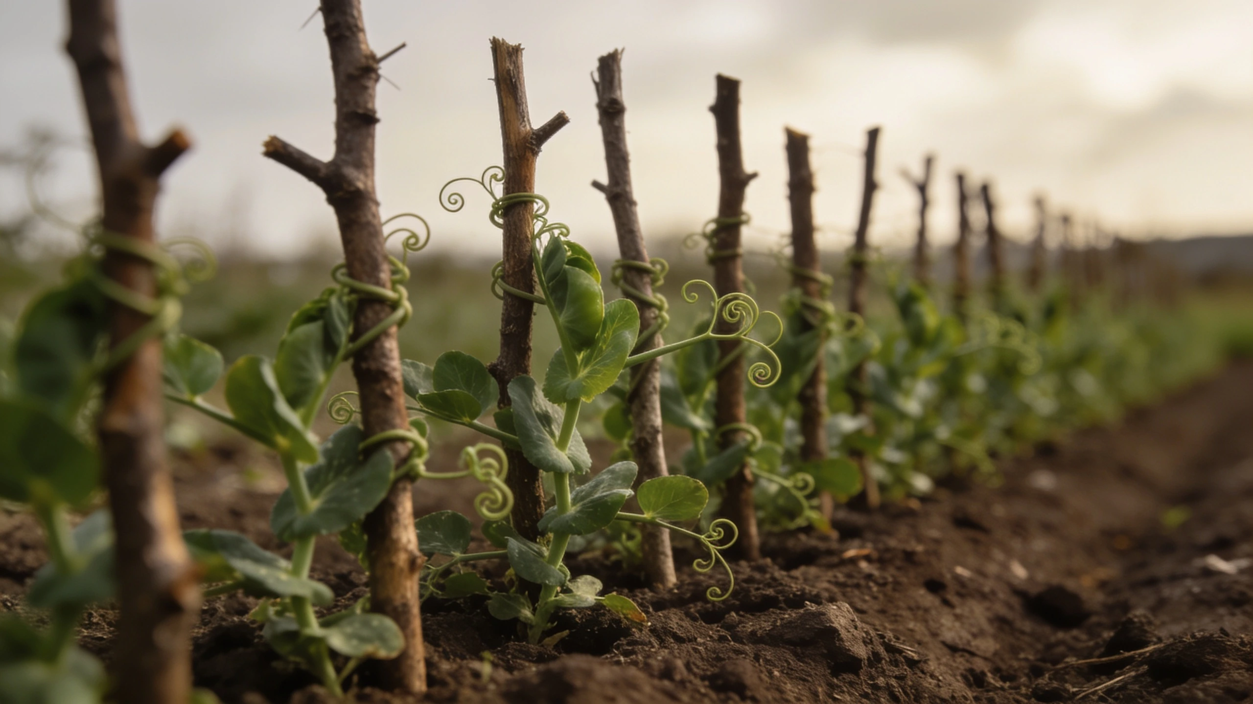 Twiggy prunings, which cost nothing and suit tendrils Row of young pea plants gripping thin twiggy prunings pushed into the soil along the row