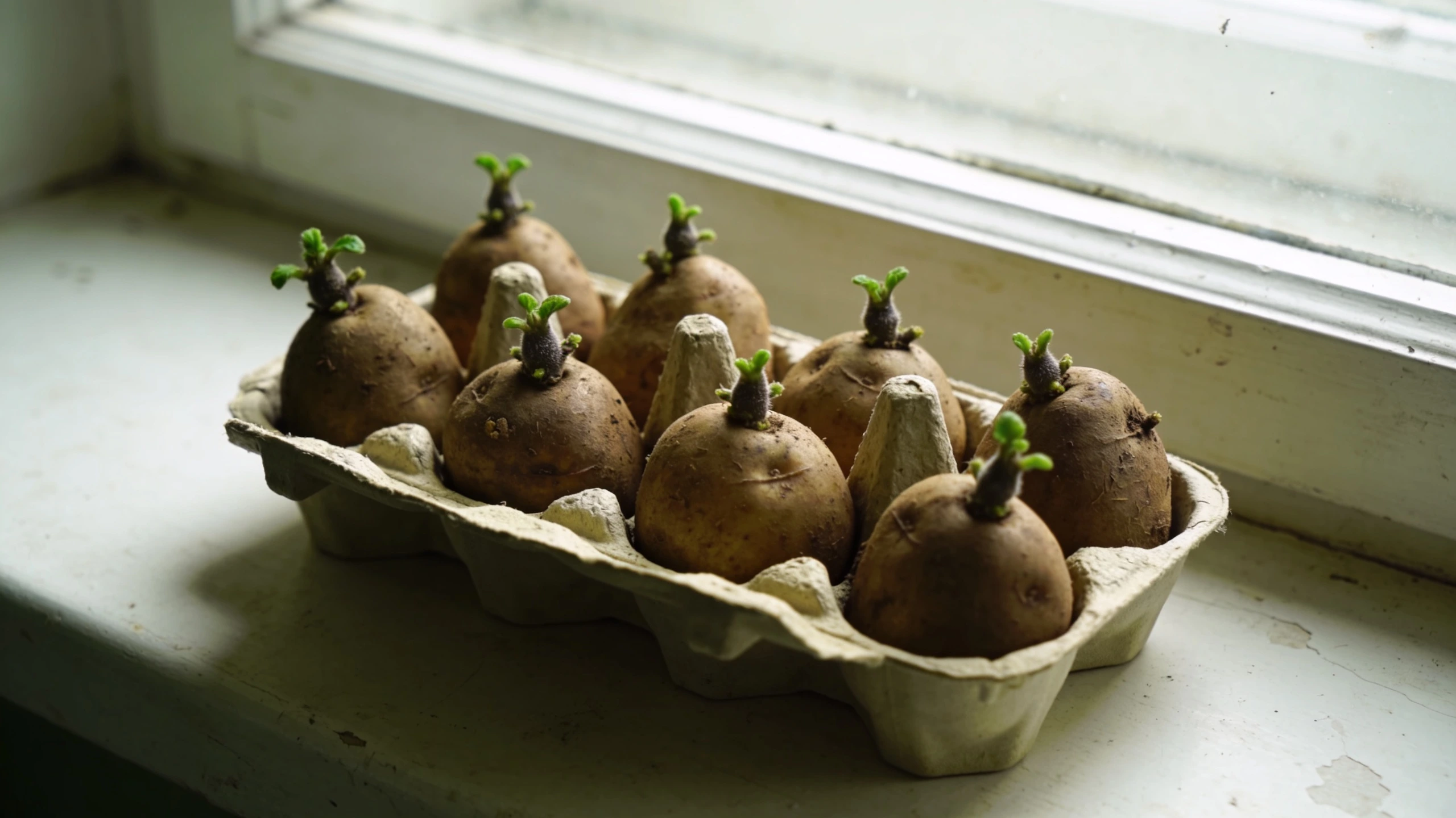Chitted seed potatoes, with short stubby shoots Seed potatoes in an egg tray with short stubby green shoots showing, on a cool windowsill