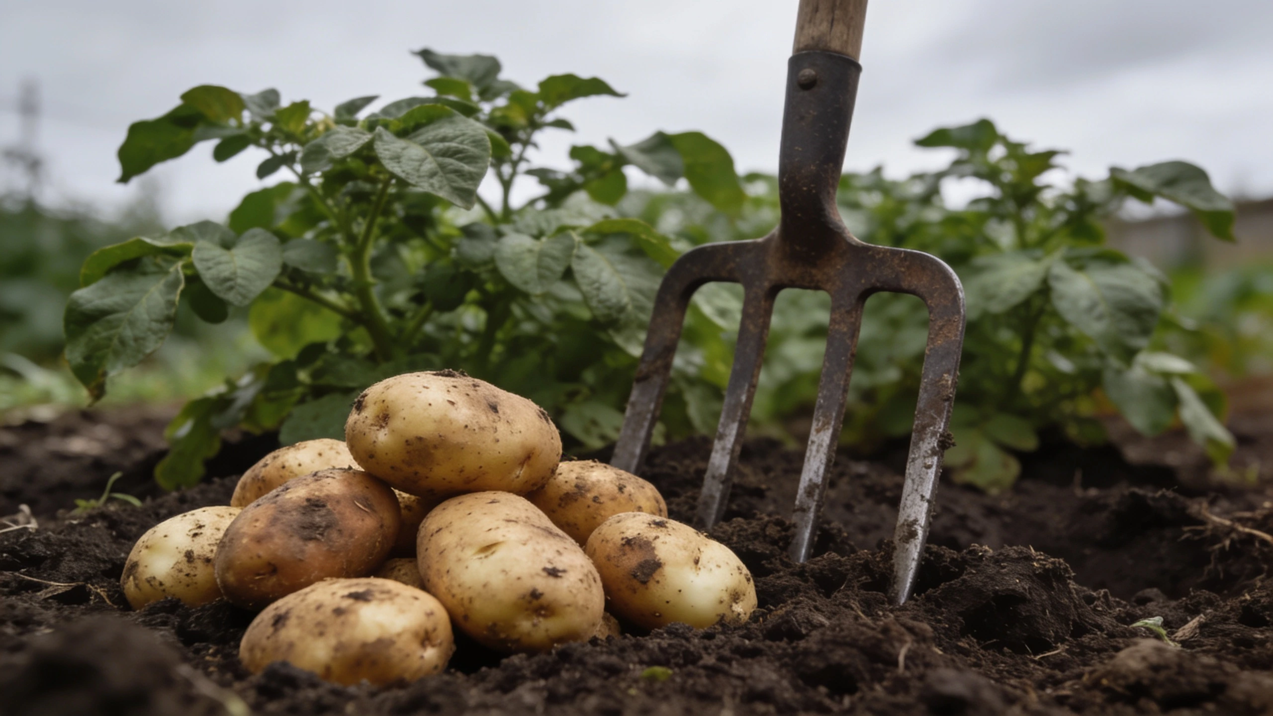 First earlies lifted at flowering, eaten within days Freshly lifted first early potatoes on soil beside a garden fork with the foliage still green