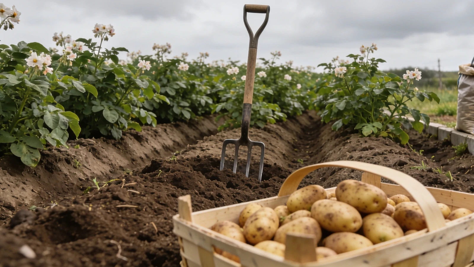 Potato bed with earthed up ridges in flower, a fork in the soil and a trug of lifted earlies