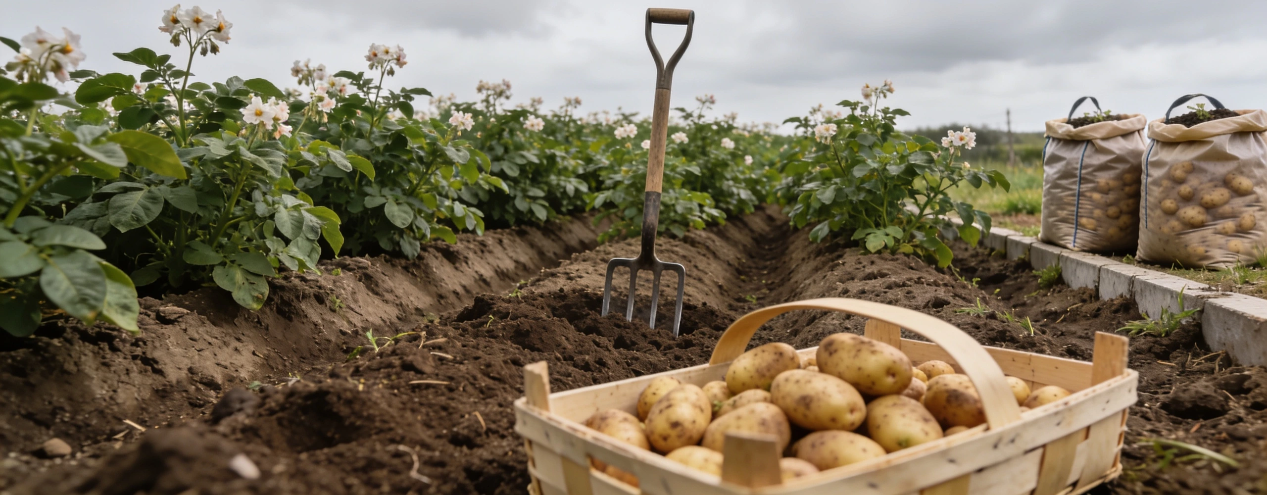 Earthed up ridges, in flower, and earlies being lifted Potato bed with earthed up ridges in flower, a fork in the soil and a trug of lifted earlies