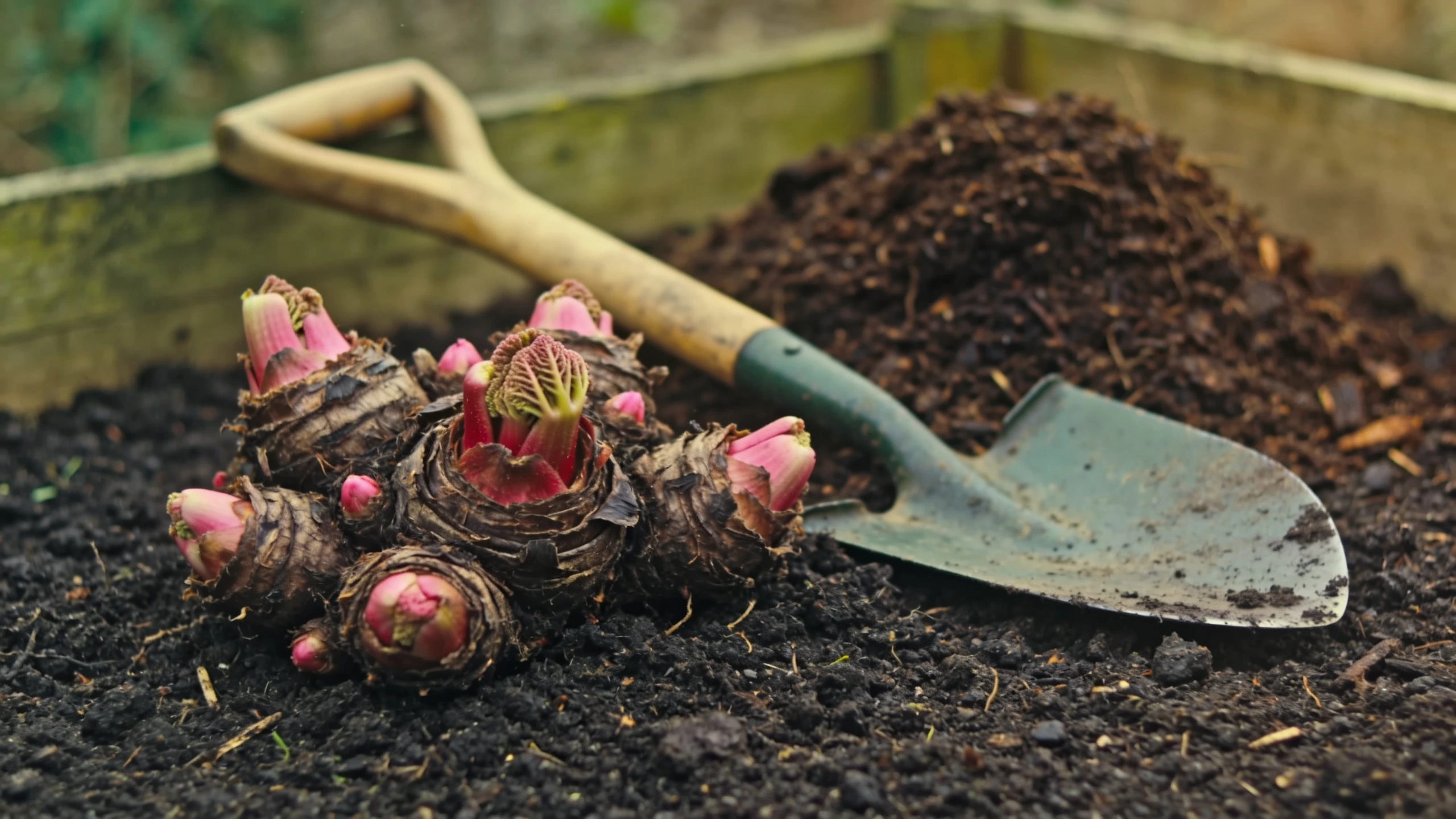 A dormant crown, which looks less promising than it is Dormant rhubarb crown with visible pink buds resting on soil beside a spade and compost