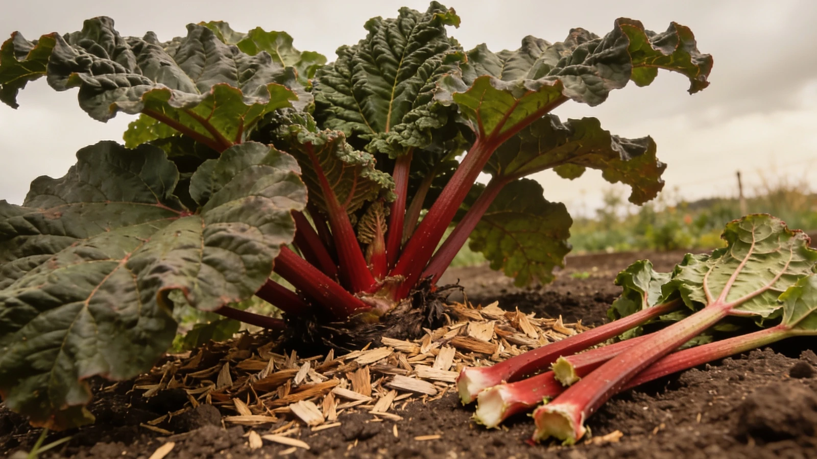Established rhubarb plant with thick red stems and large leaves, pulled stems on the soil