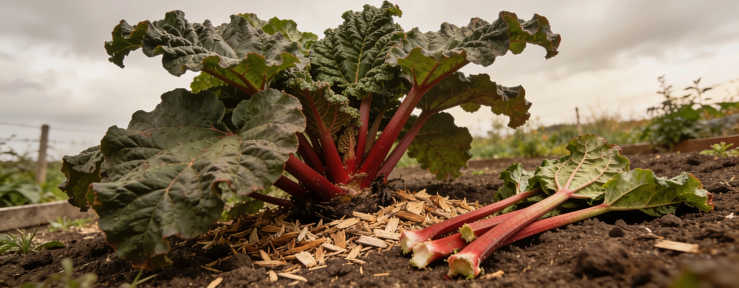 An established crown, which is twenty years of crops Established rhubarb plant with thick red stems and large leaves, pulled stems on the soil