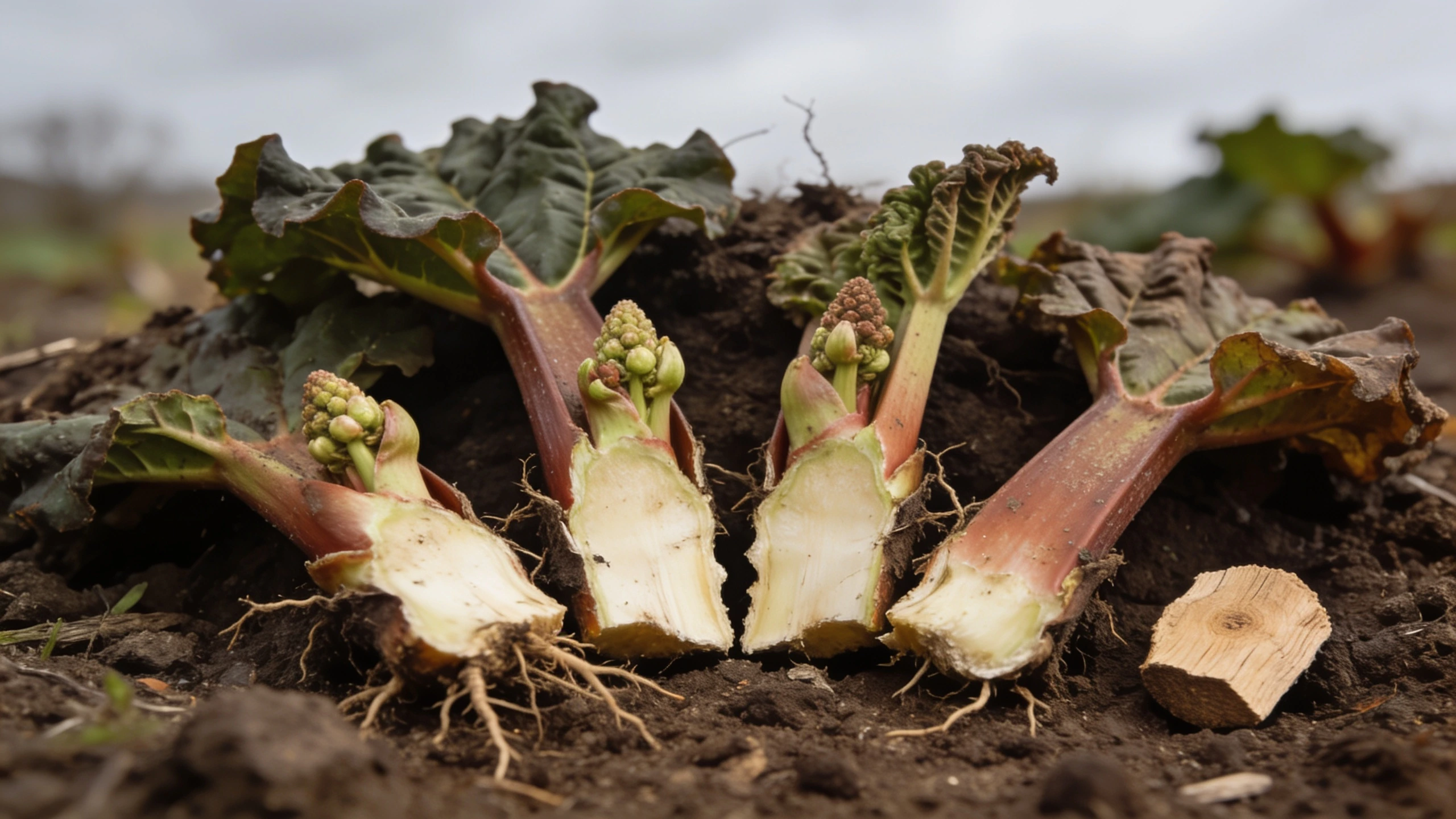 One congested crown split into four Lifted rhubarb crown split into four pieces on soil, each with visible buds, woody centre discarded