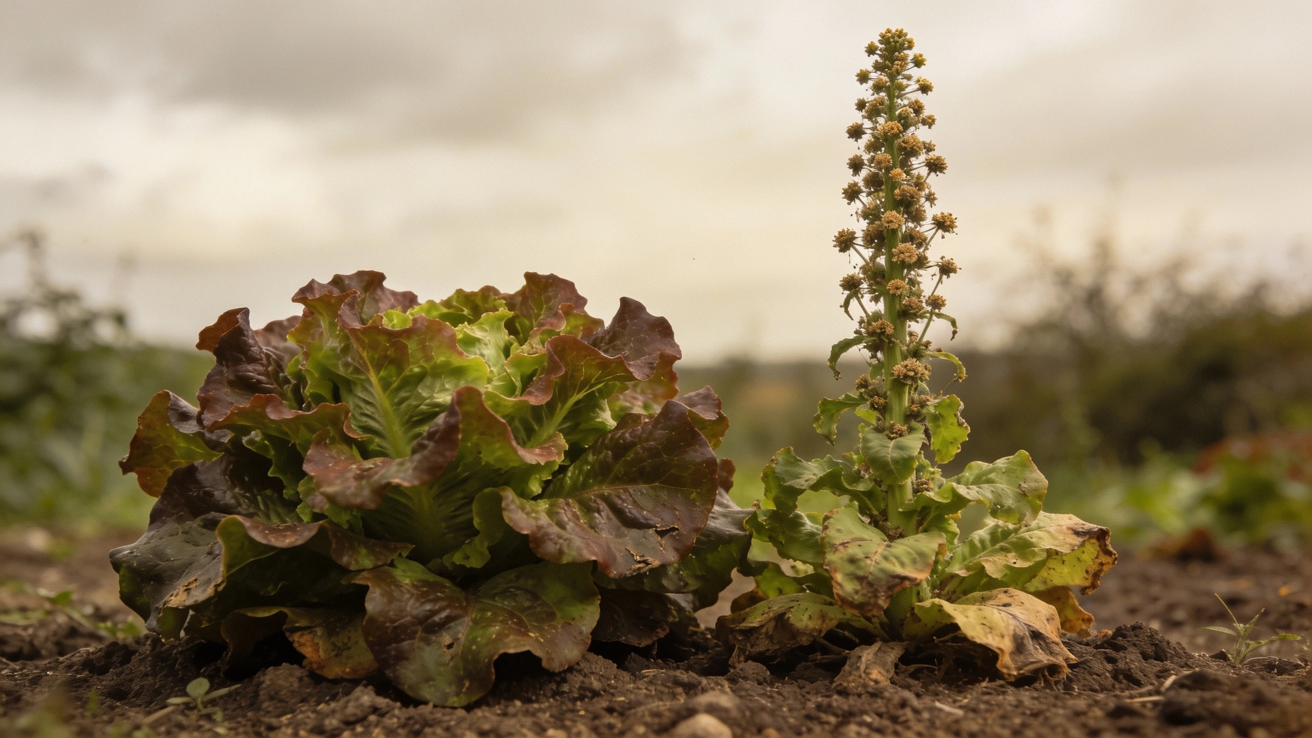 A bolting plant beside one still in leaf Lettuce plant running to seed with a tall central stem beside a low healthy leafy plant