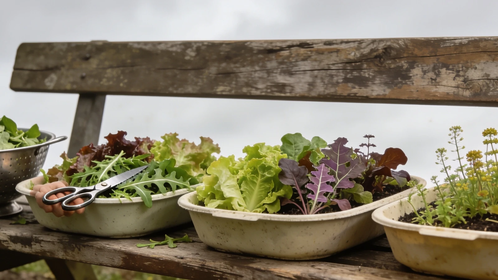Three shallow containers of mixed salad leaves at different stages with one being cut
