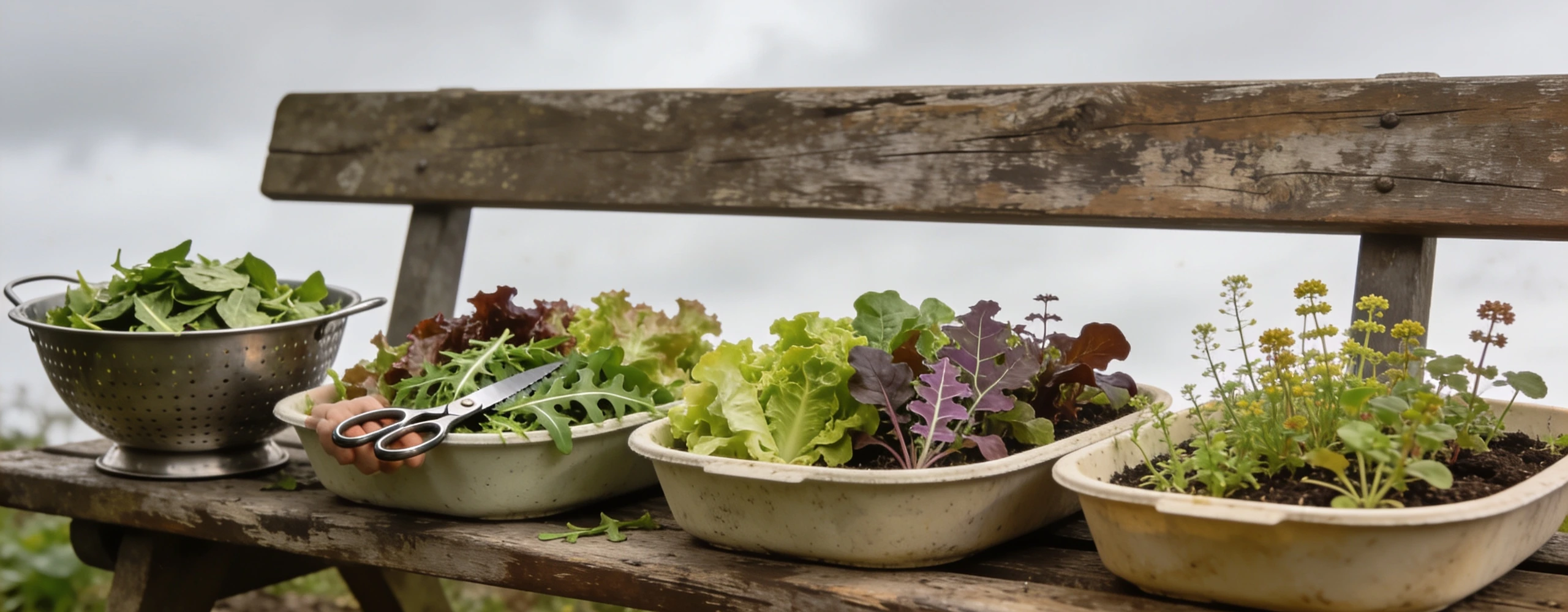 Three containers, sown a fortnight apart Three shallow containers of mixed salad leaves at different stages with one being cut