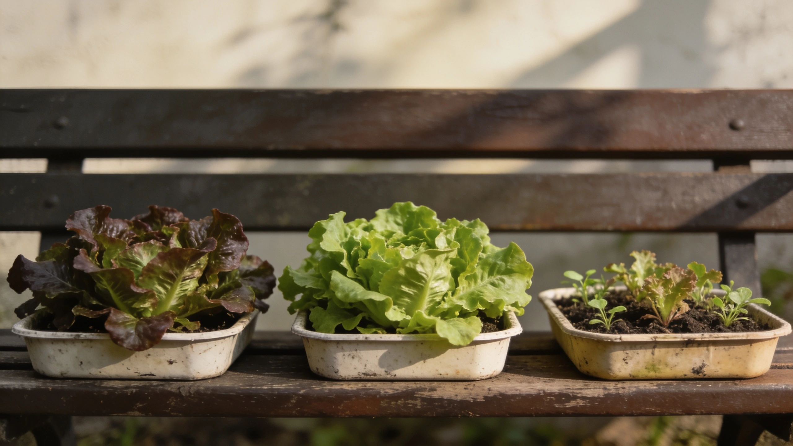 Three containers sown a fortnight apart Three shallow containers of salad leaves at three different stages of growth on a bench