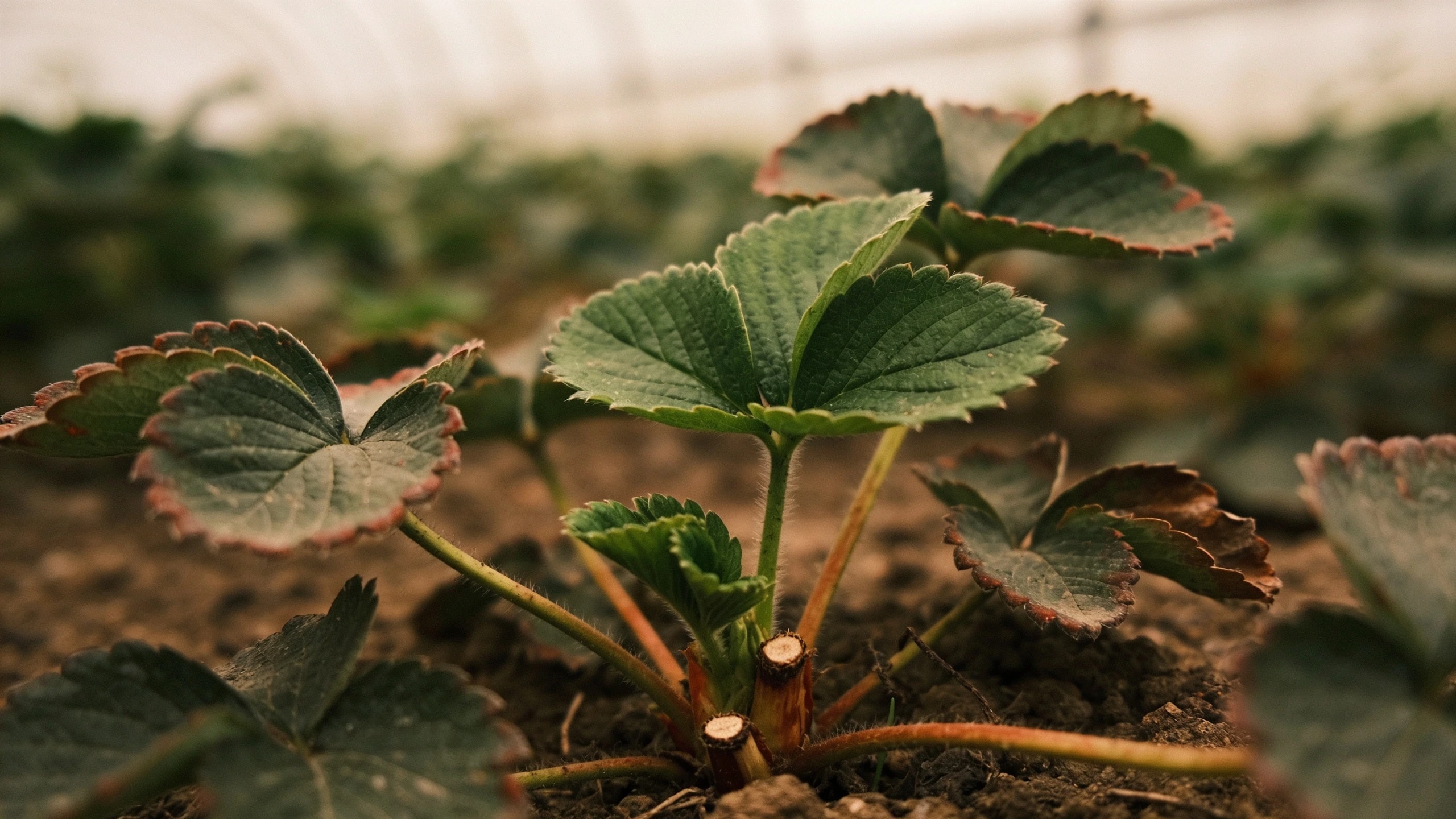 Old leaves cut back after picking, central growth left Strawberry plants with old outer foliage cut back to short stubs and fresh central leaves remaining