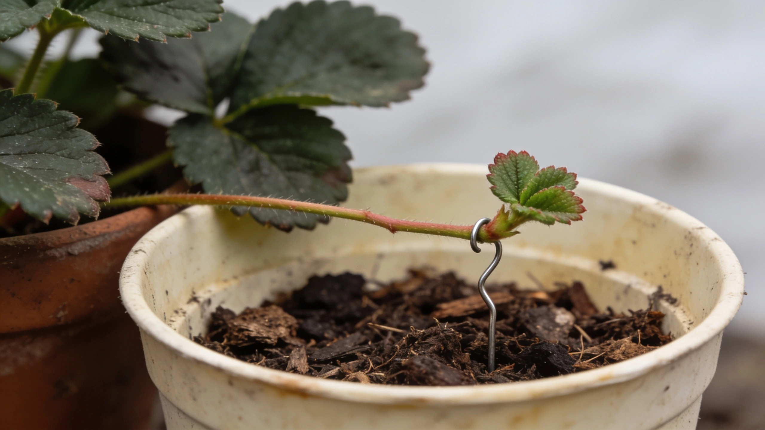 A runner plantlet pinned into a pot to root Strawberry runner with a small plantlet pinned into a pot of compost with a piece of bent wire