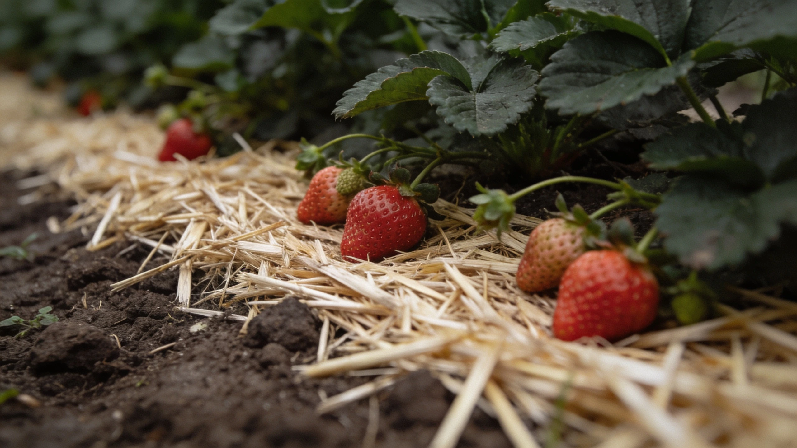 Straw tucked under the trusses once fruit sets Ripening strawberries resting on a layer of straw tucked beneath the plants clear of the soil