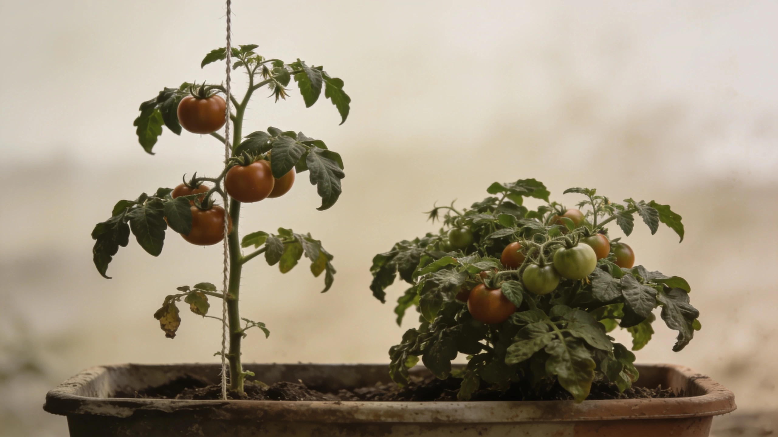 A cordon on a string beside a sprawling bush variety Tall single stemmed cordon tomato trained up a string next to a low spreading bush tomato plant