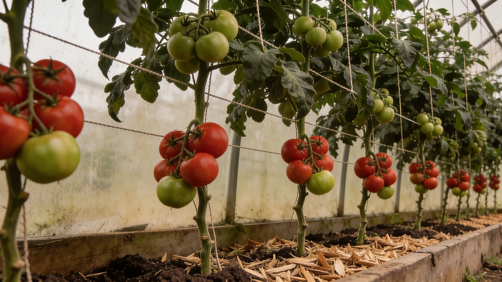 Cordon tomato plants trained up strings with trusses of ripening fruit and mulched soil