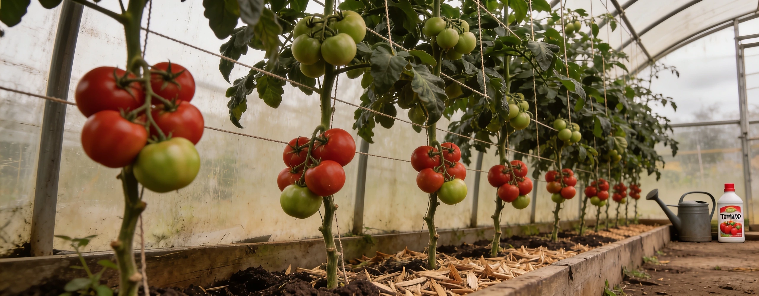 Cordons on strings, lower leaves off, fruit ripening Cordon tomato plants trained up strings with trusses of ripening fruit and mulched soil