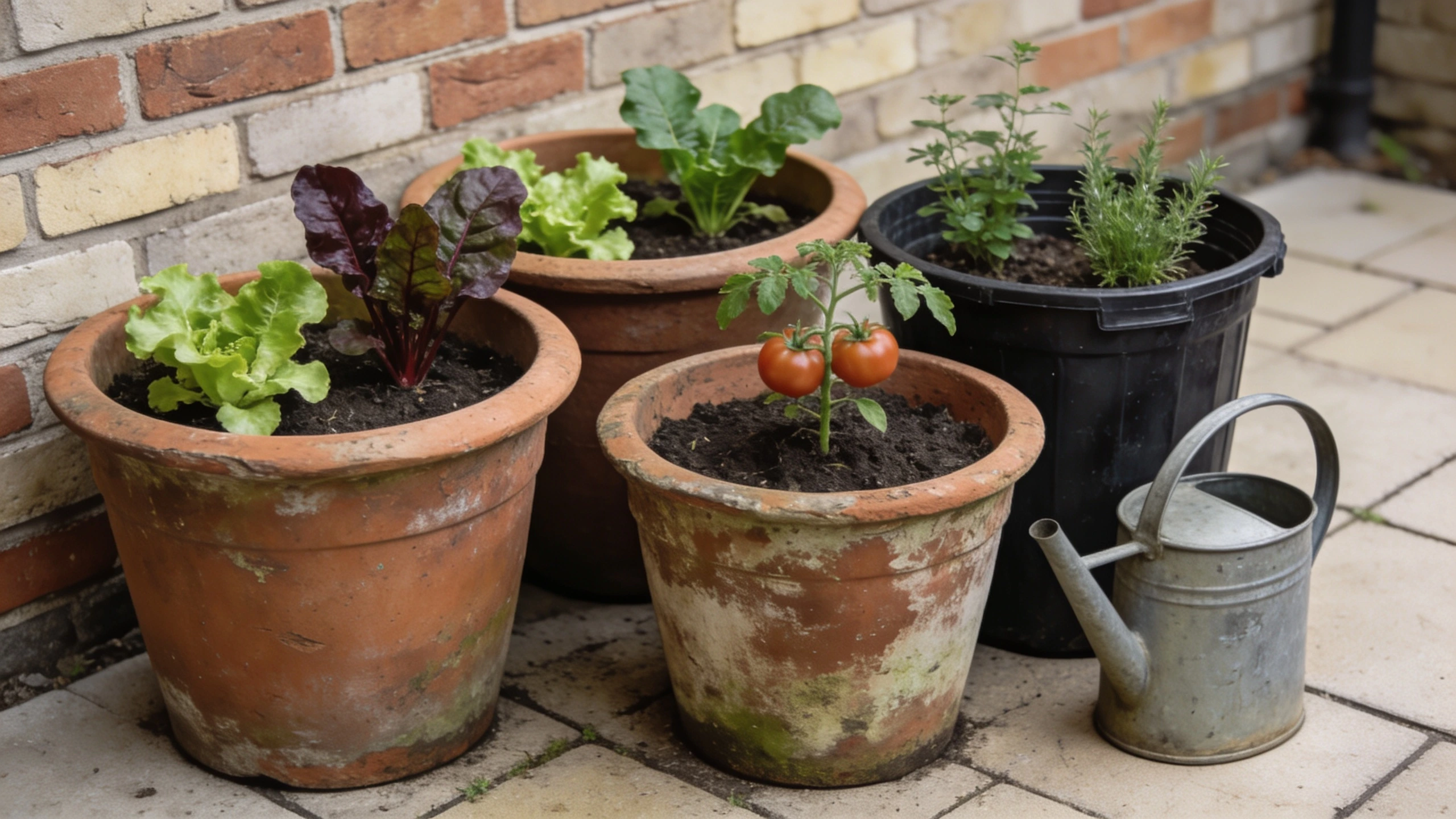 Beginner container garden on a small patio Four large containers on a small patio planted with salad, chard and herbs