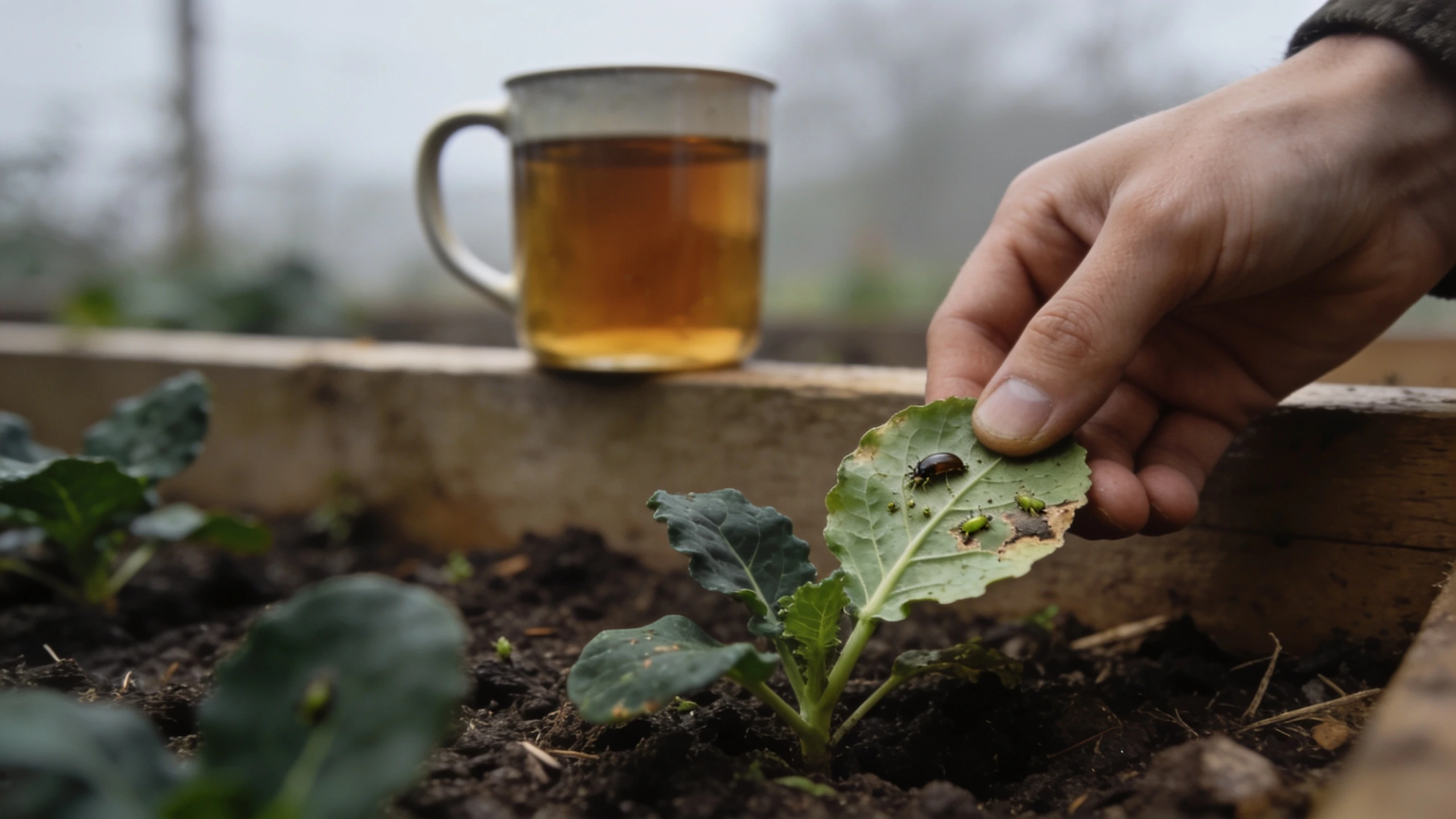 Checking garden plants for pests daily Hand turning over a leaf to check the underside for aphids and slug damage