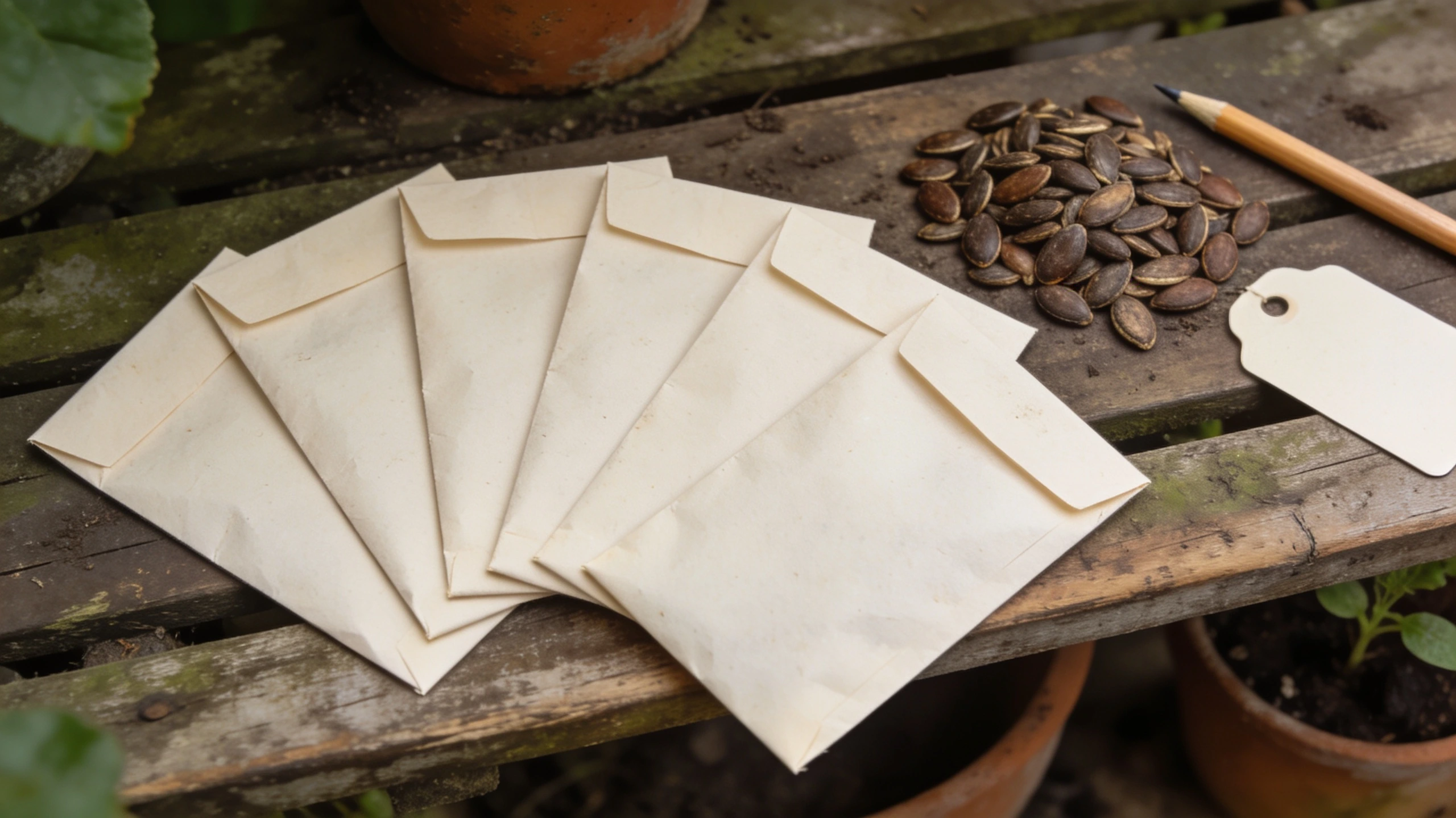 Easy vegetable seeds for beginners Six plain seed packets on a wooden bench with a pencil and blank plant labels