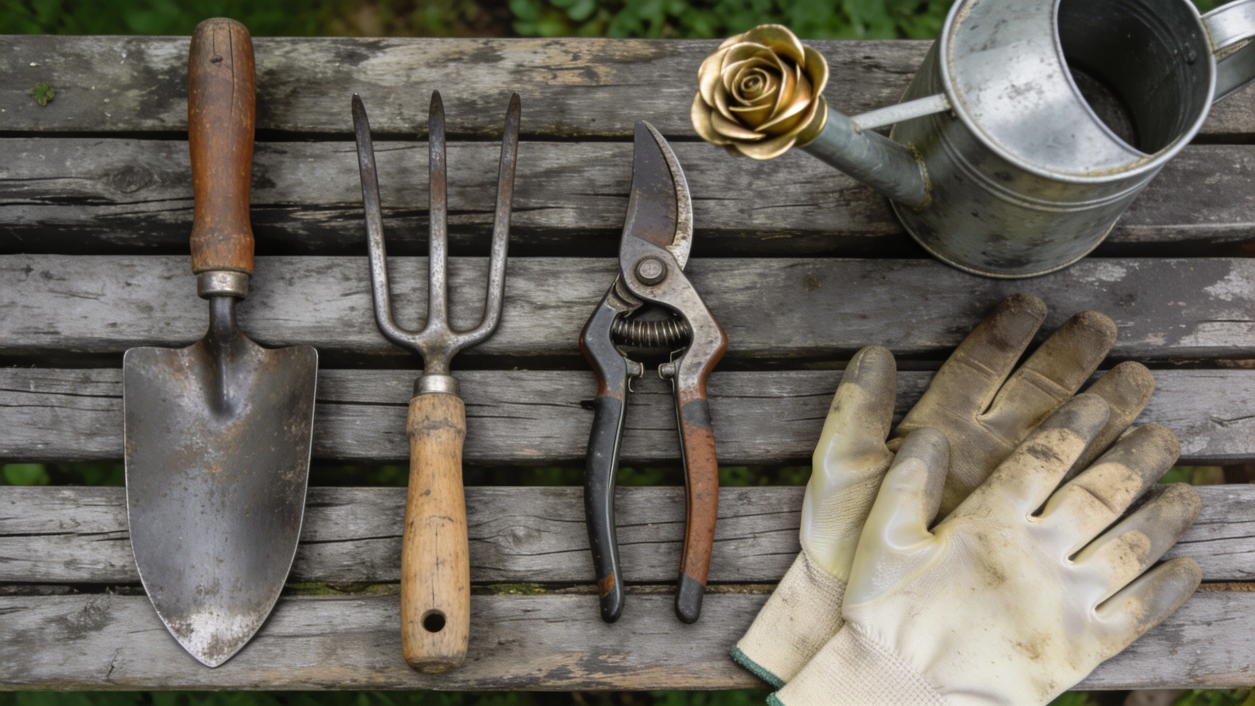 The five essential garden hand tools for beginners Forged trowel, hand fork, secateurs, watering can and gloves laid on timber