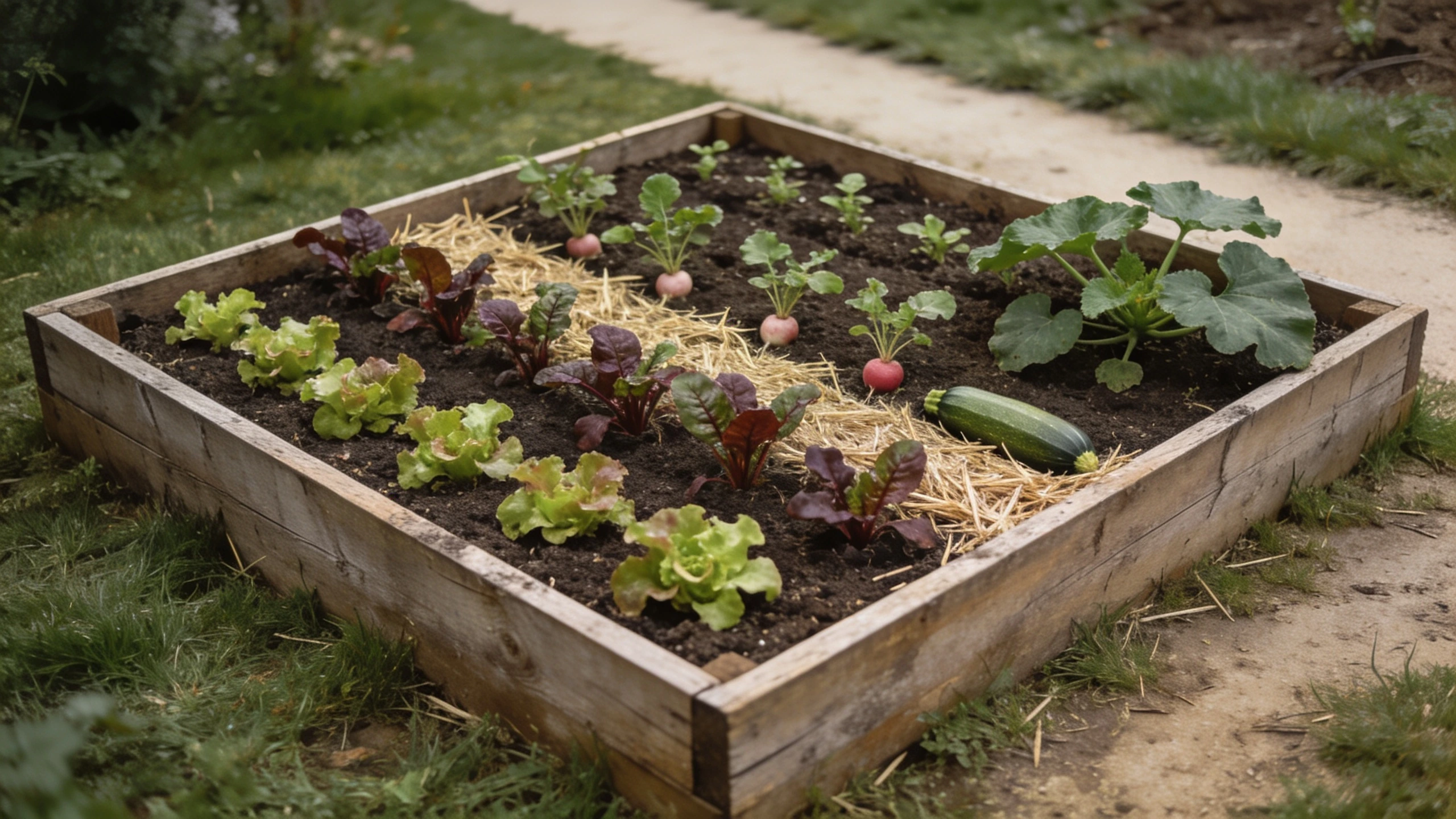 A finished no-dig garden bed planted and mulched Completed square no-dig bed with young lettuce, chard, radish and a courgette
