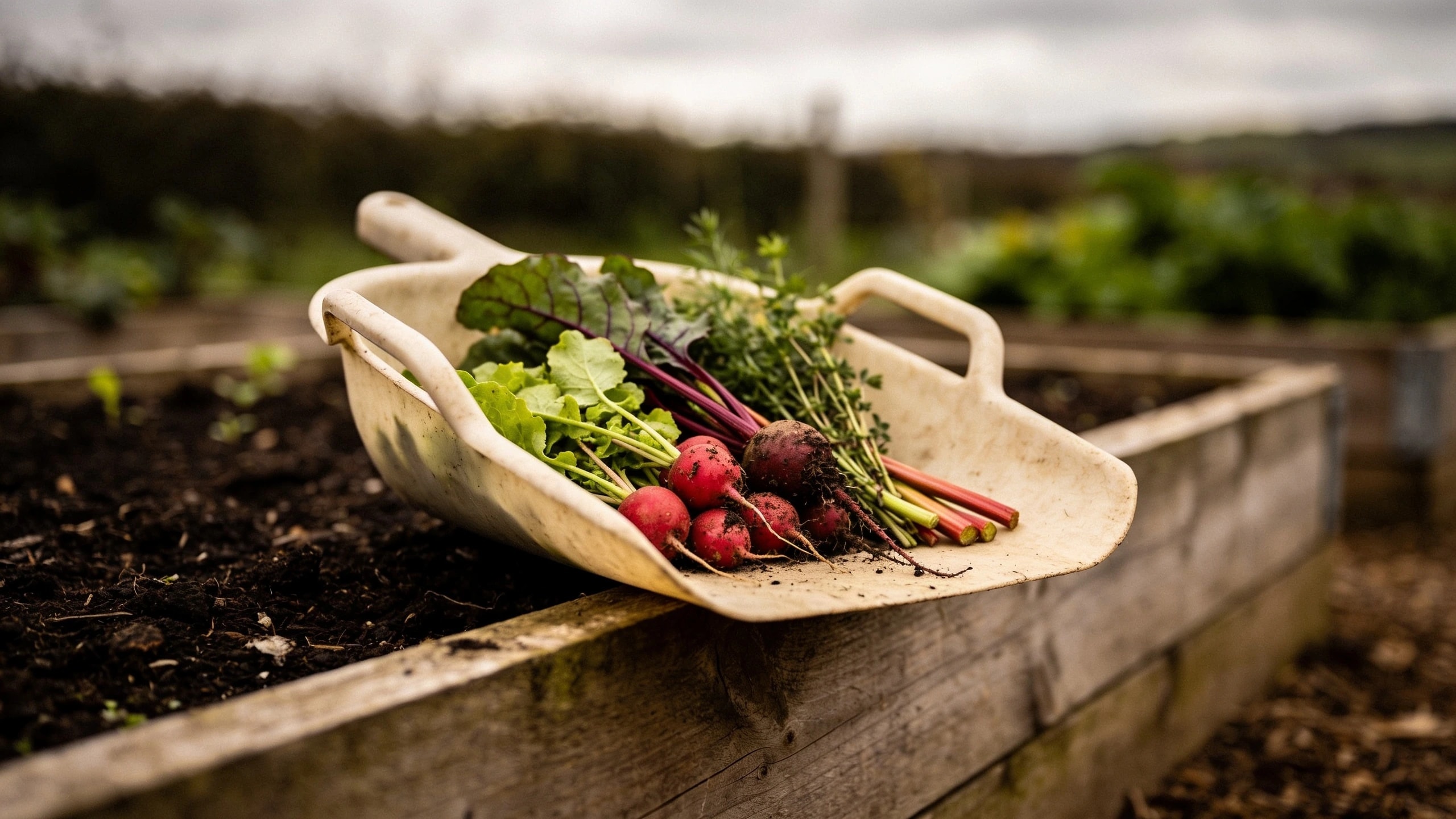 A first vegetable garden harvest of radish and salad Trug holding a small first harvest of radishes, salad leaves and chard