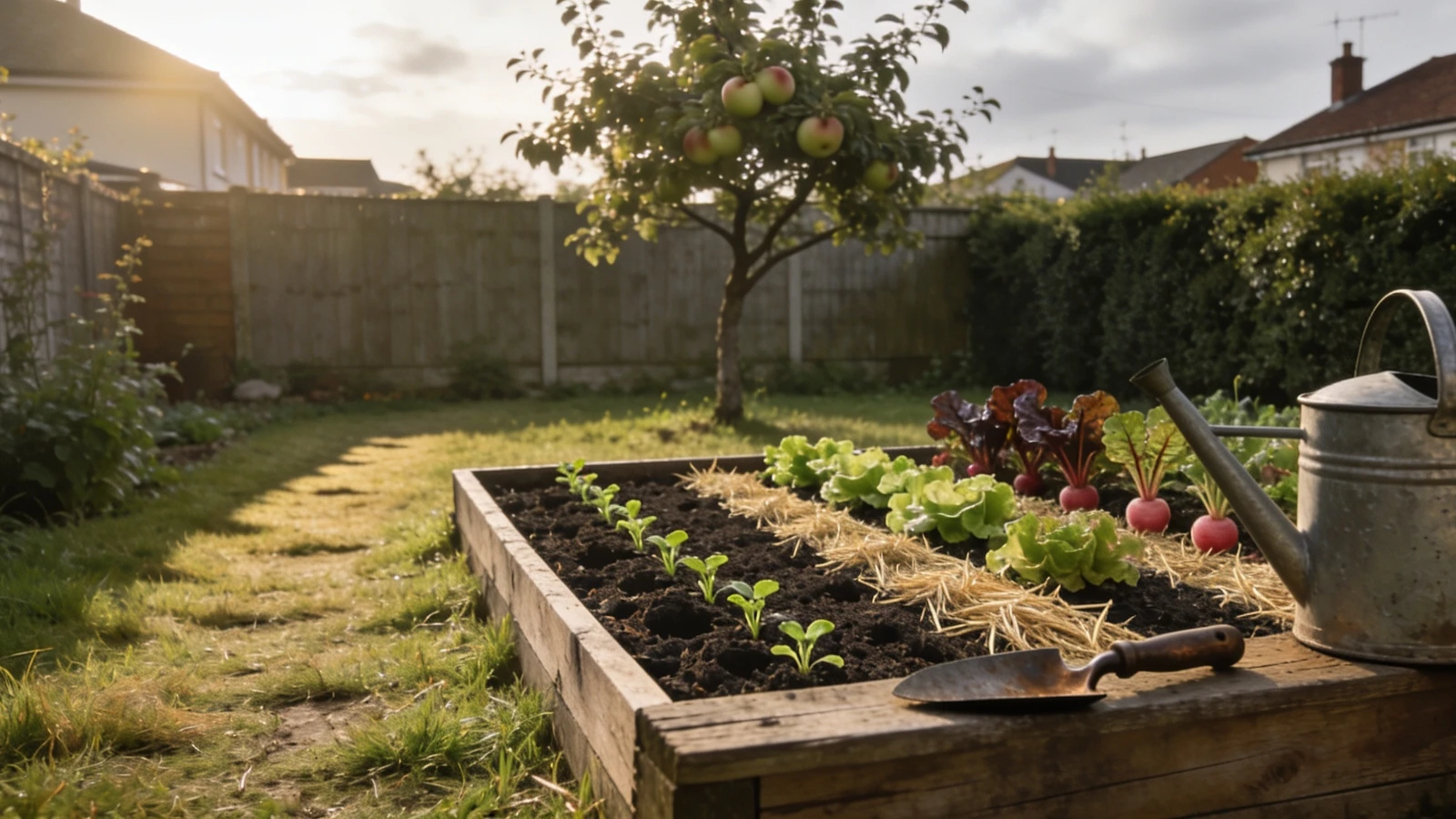 Small raised bed of lettuce, chard and radish in a back garden at sunset