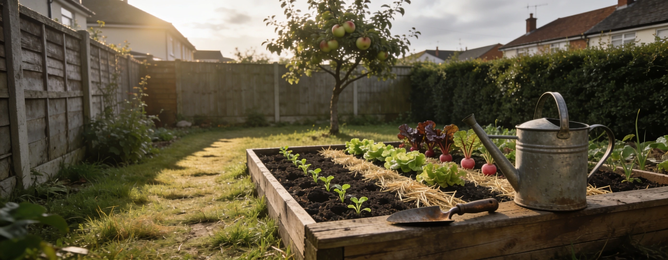 A first vegetable garden bed planted in a back garden Small raised bed of lettuce, chard and radish in a back garden at sunset
