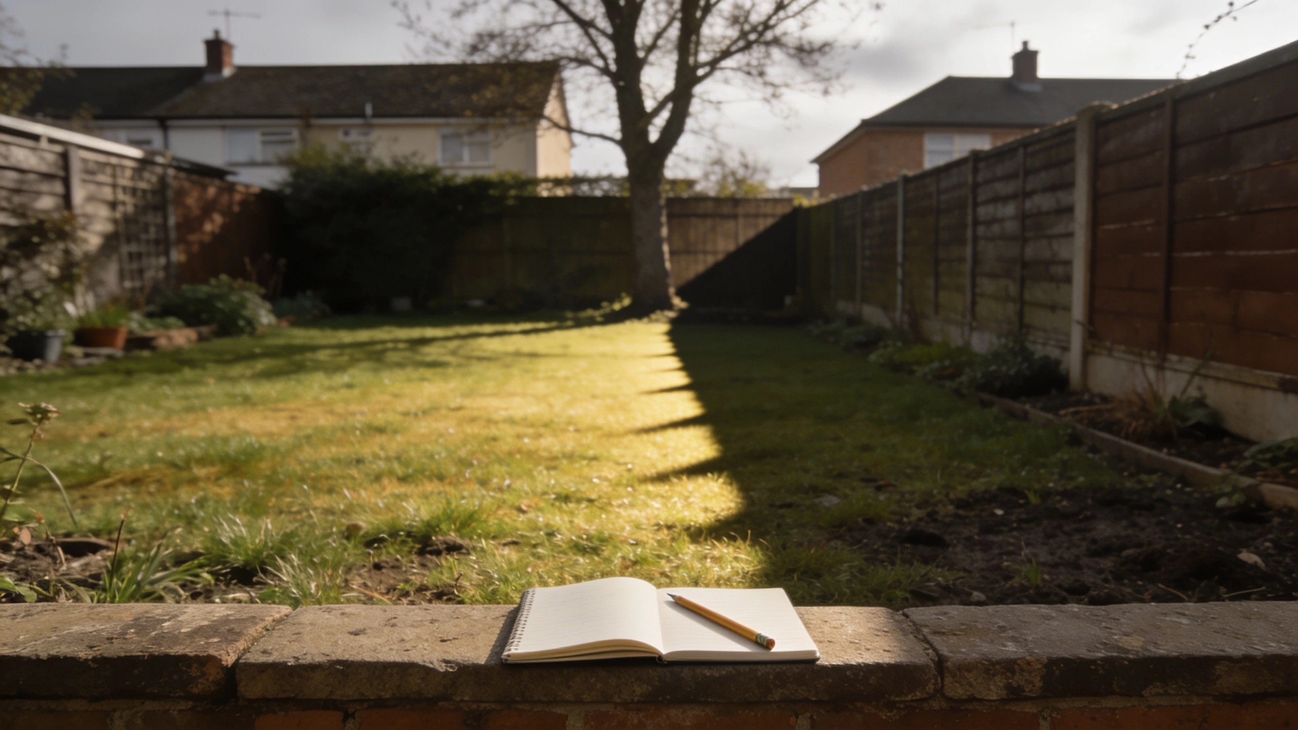 Measuring sun hours before starting a garden Back garden with half the lawn in bright sun and half in fence shadow