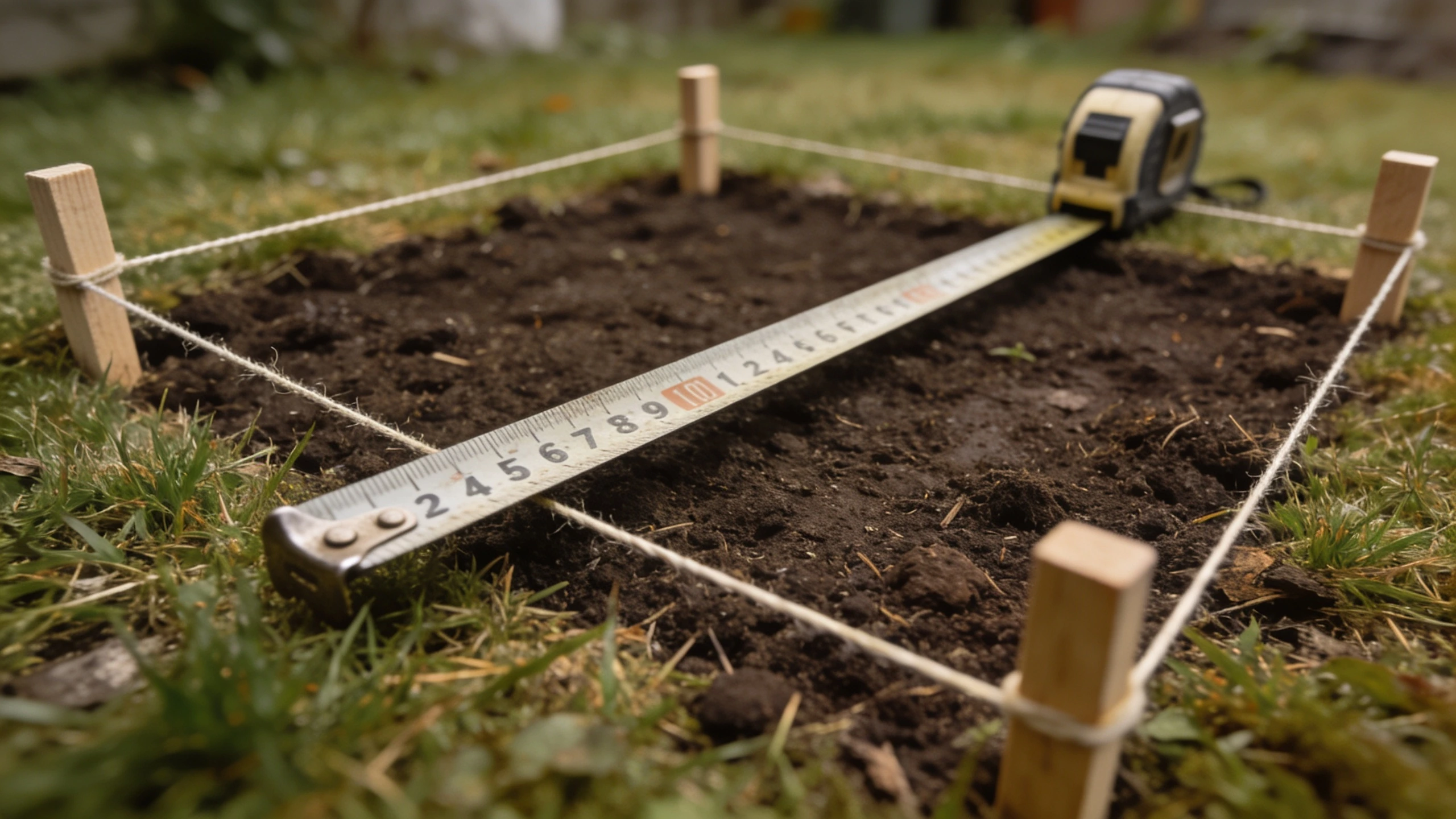 Marking out a four foot garden bed with string and pegs String and pegs marking out a square garden bed on a lawn with a tape measure