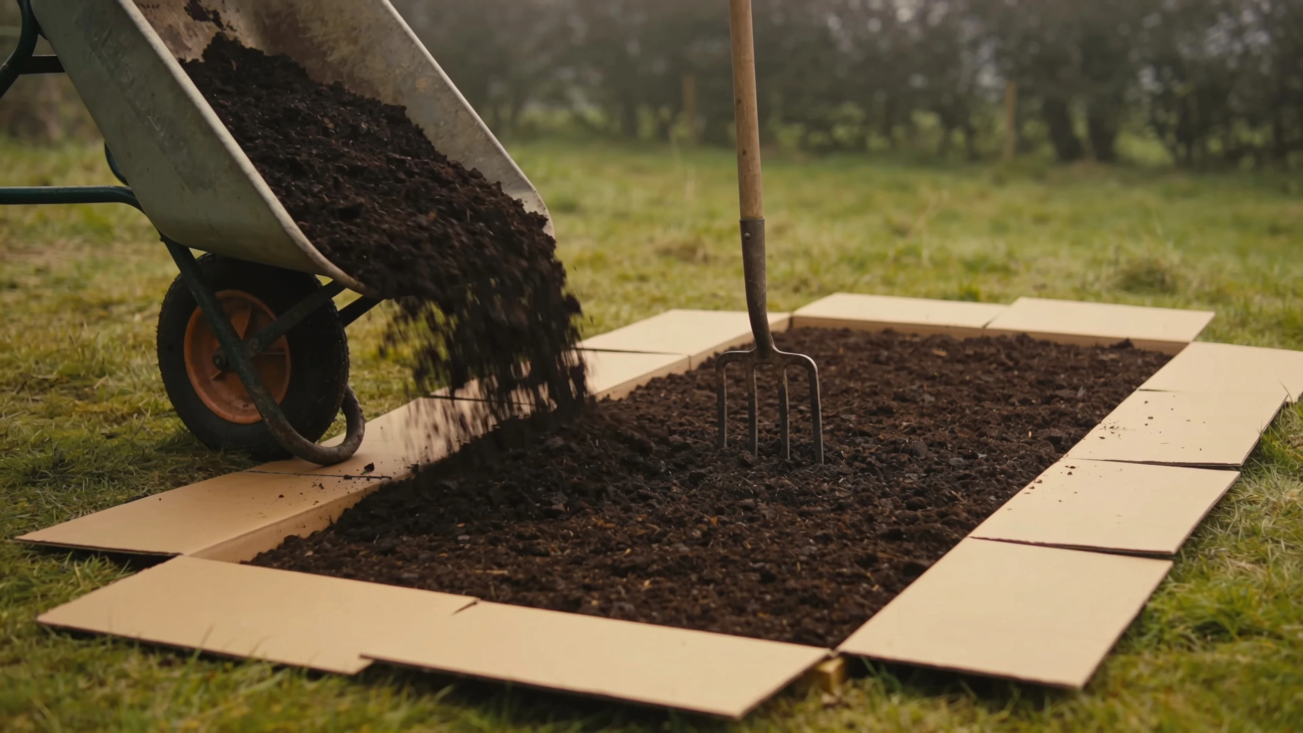 Building a no-dig garden bed with cardboard and compost Cardboard and compost laid over grass to start a garden without digging
