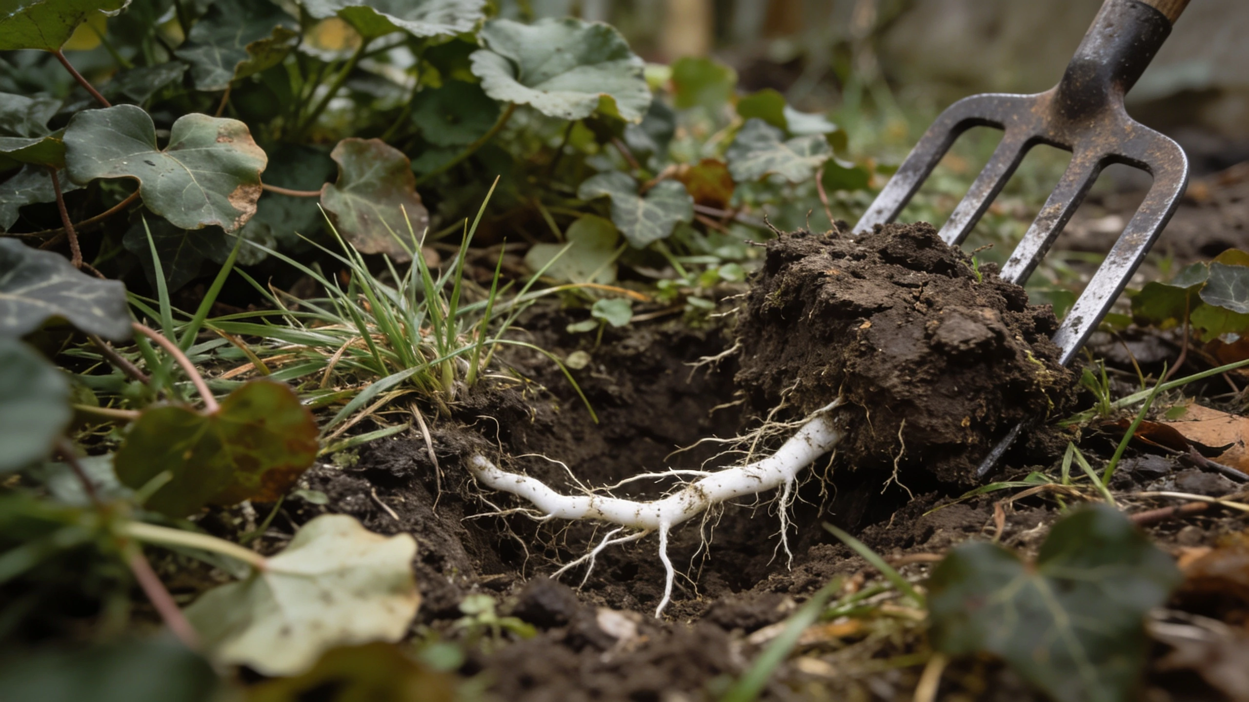 Perennial weeds like bindweed in a garden bed Neglected garden ground thick with bindweed and couch grass, white roots exposed
