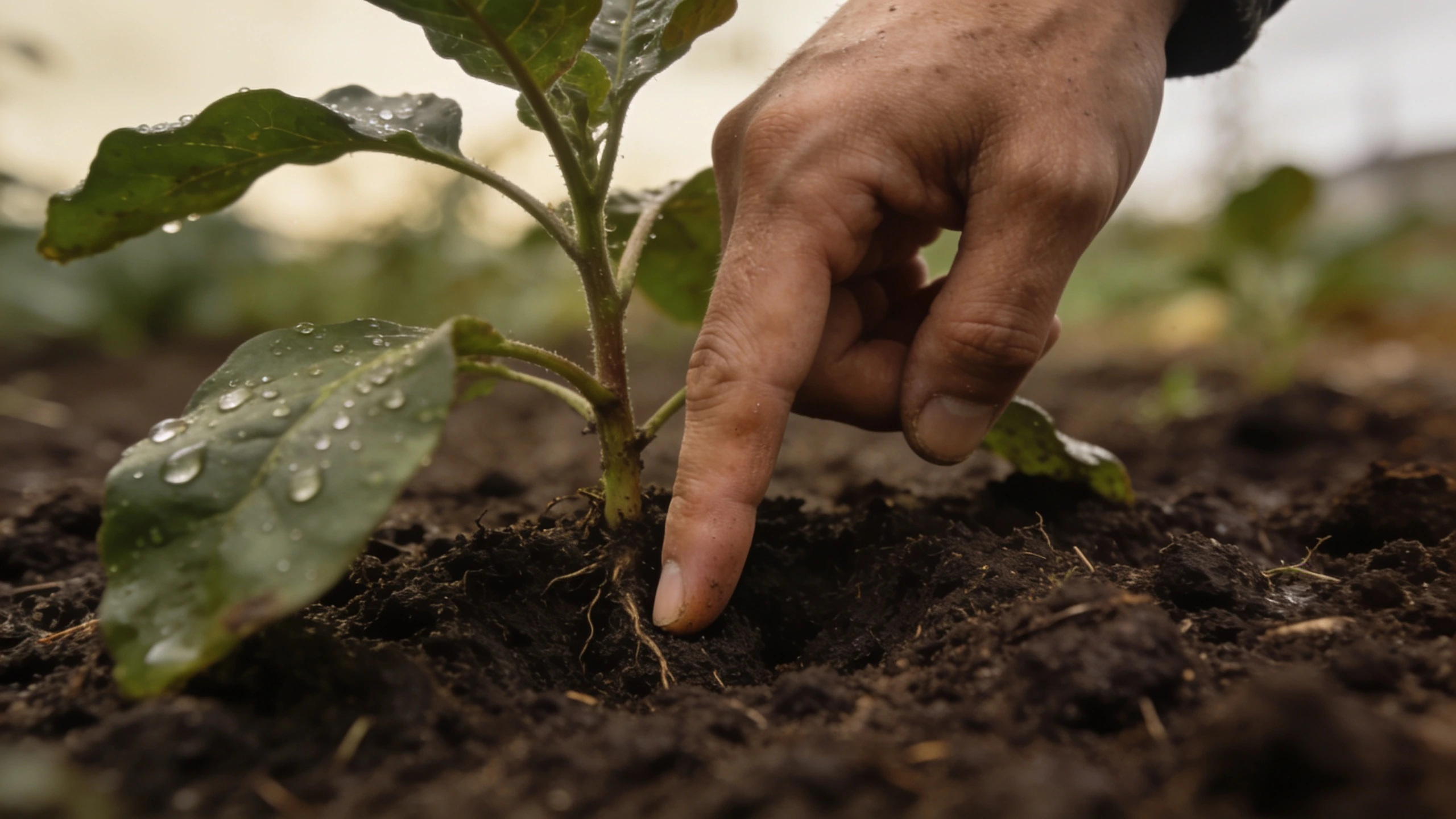 The finger test for soil moisture at root depth Finger pushed two inches into dark garden soil to test moisture at root depth
