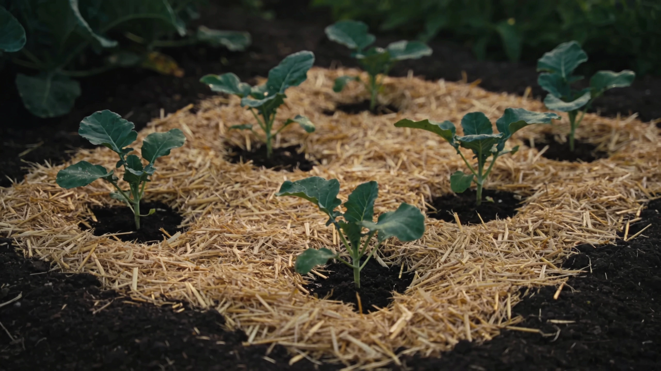 Straw mulch on a young vegetable bed Straw mulch spread around young vegetable plants with gaps left at each stem
