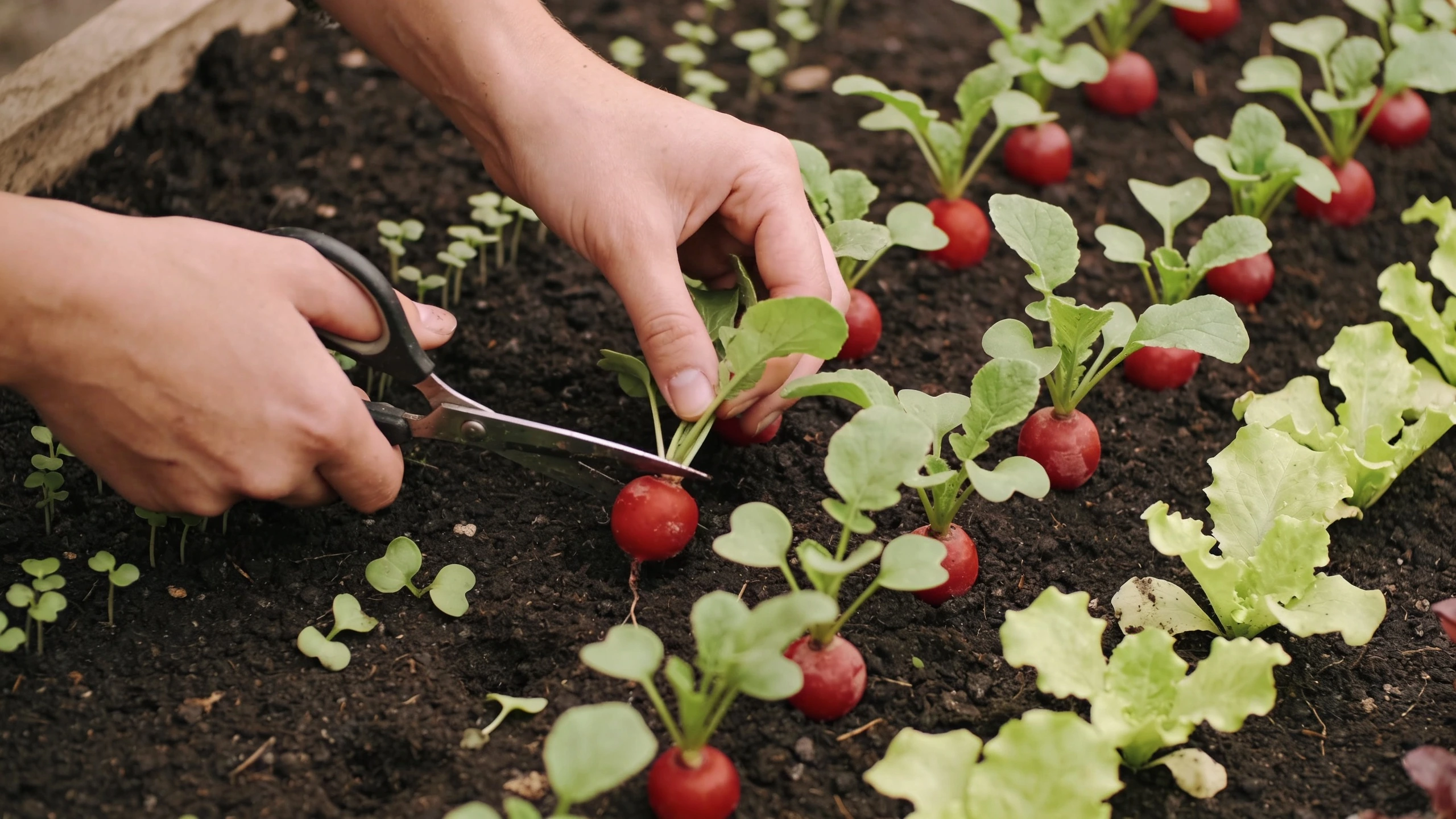 Thinning vegetable seedlings with scissors Scissors snipping surplus radish seedlings at soil level to thin a row
