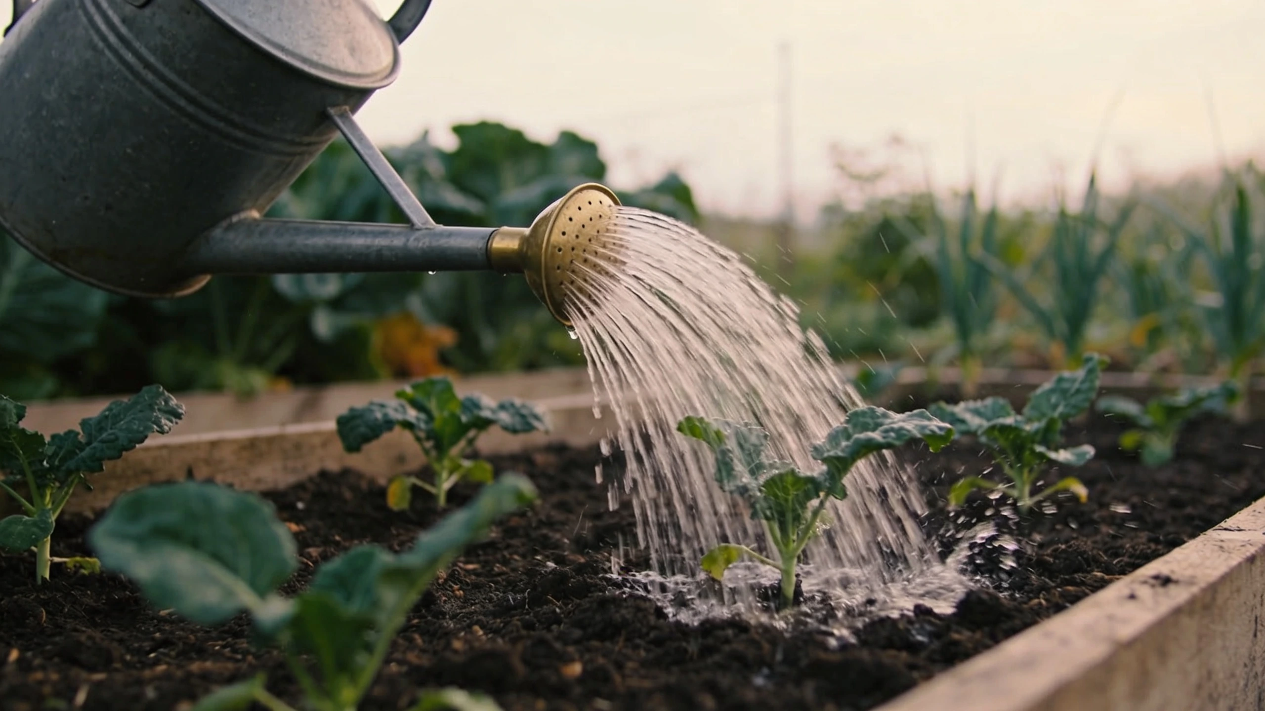 Watering a garden bed deeply with a rose head Watering can with a brass rose head soaking soil around young vegetable plants
