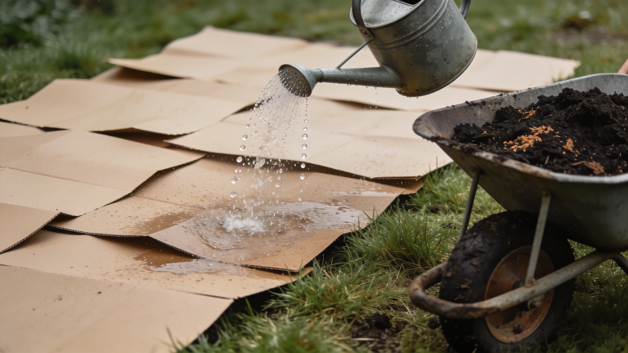 Cardboard laid over grass to start a no-dig bed Overlapping brown cardboard being soaked over mown grass with a barrow of compost