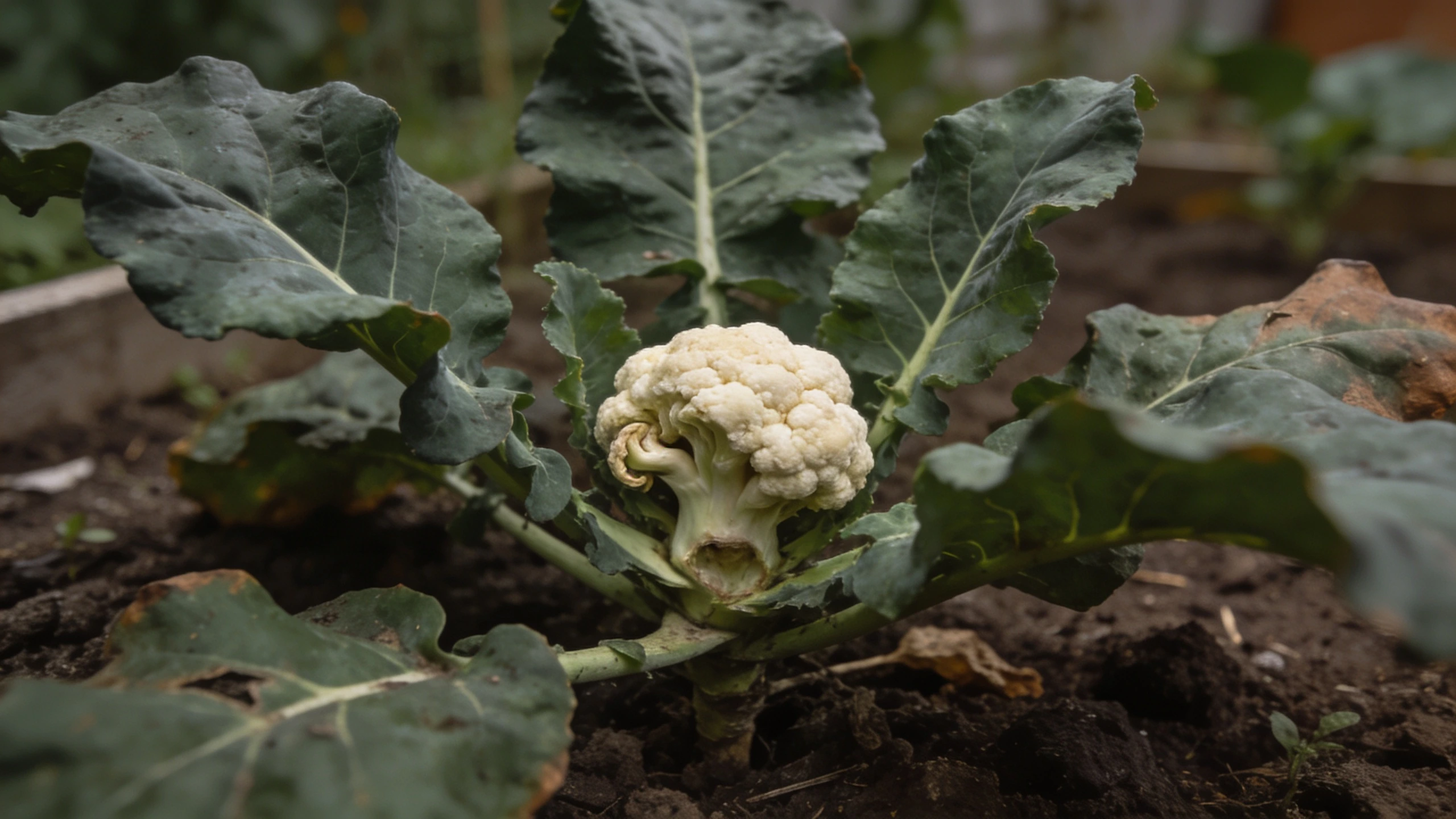 A cauliflower that has failed to form a head Cauliflower plant with large coarse leaves and only a tiny malformed head