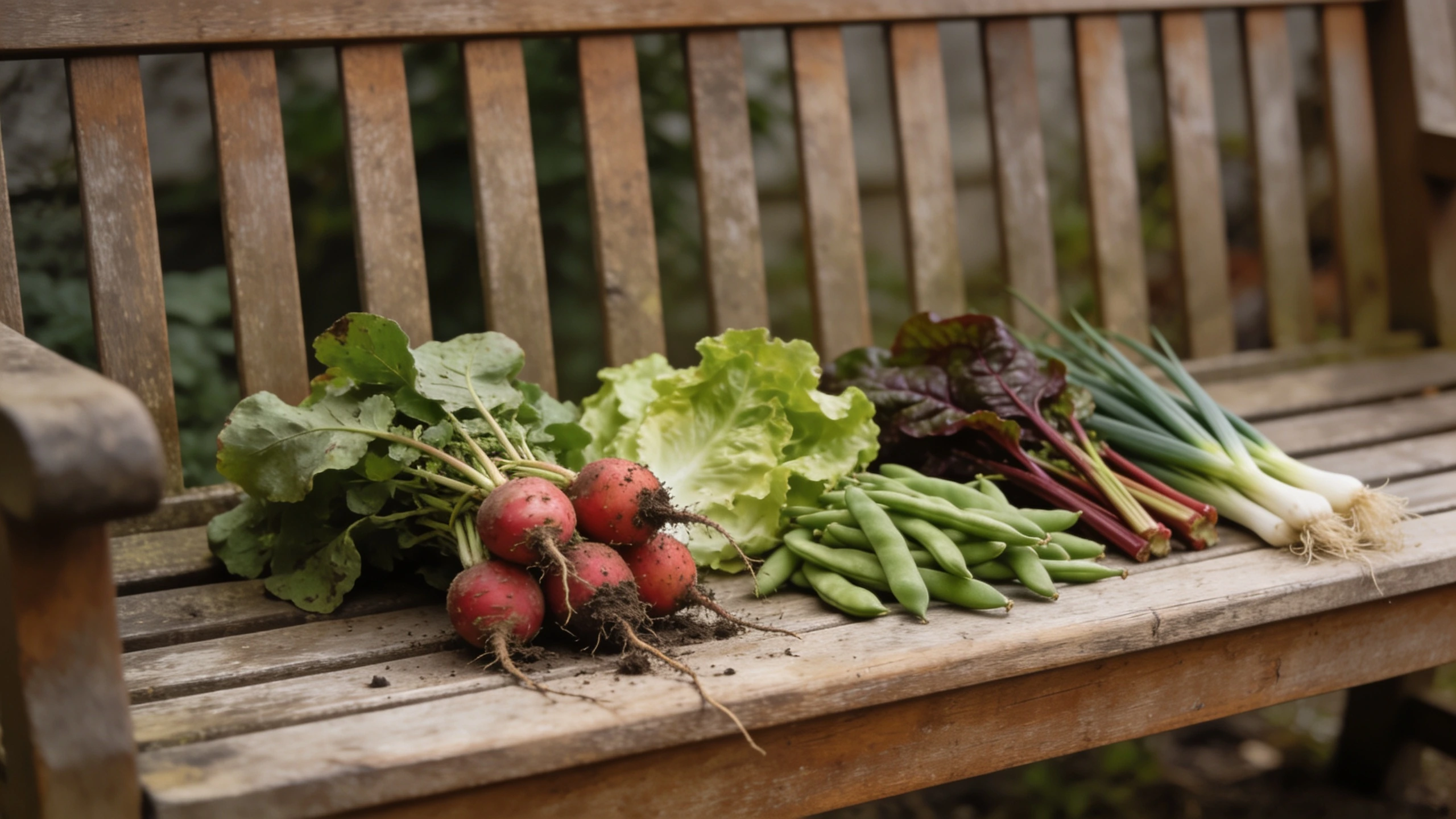 Easy first-year vegetable crops Bench with radishes, lettuce leaves, green beans, chard stems and spring onions