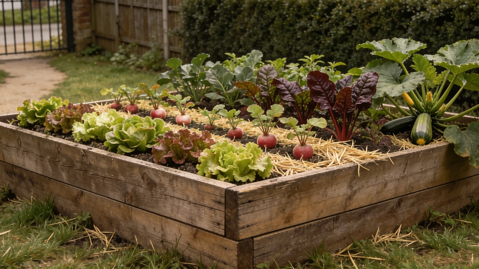 Small timber raised bed planted with lettuce, radish, chard and one courgette