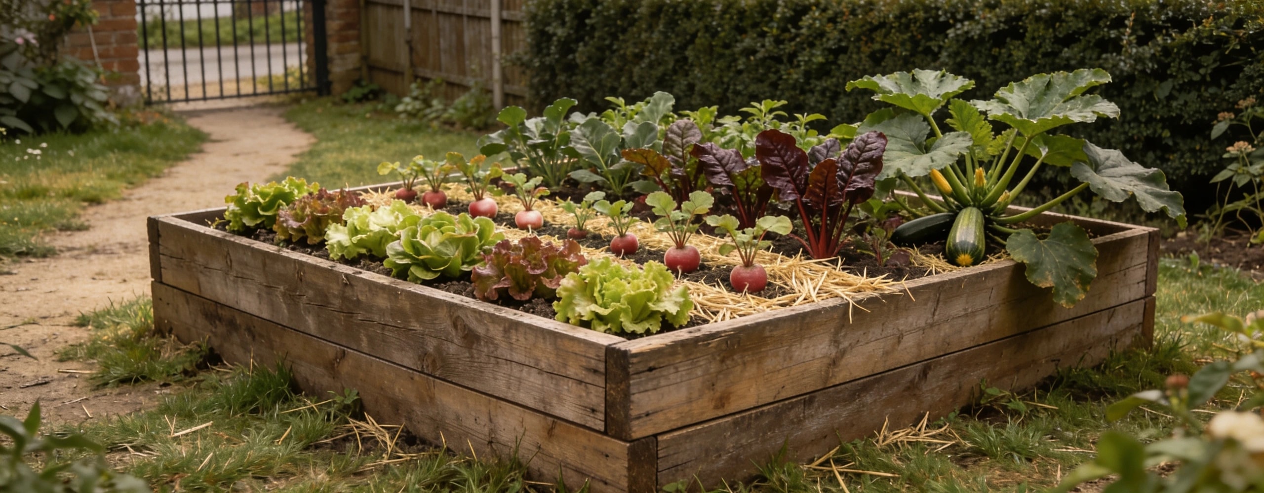 Small timber raised bed planted with lettuce, radish, chard and one courgette
