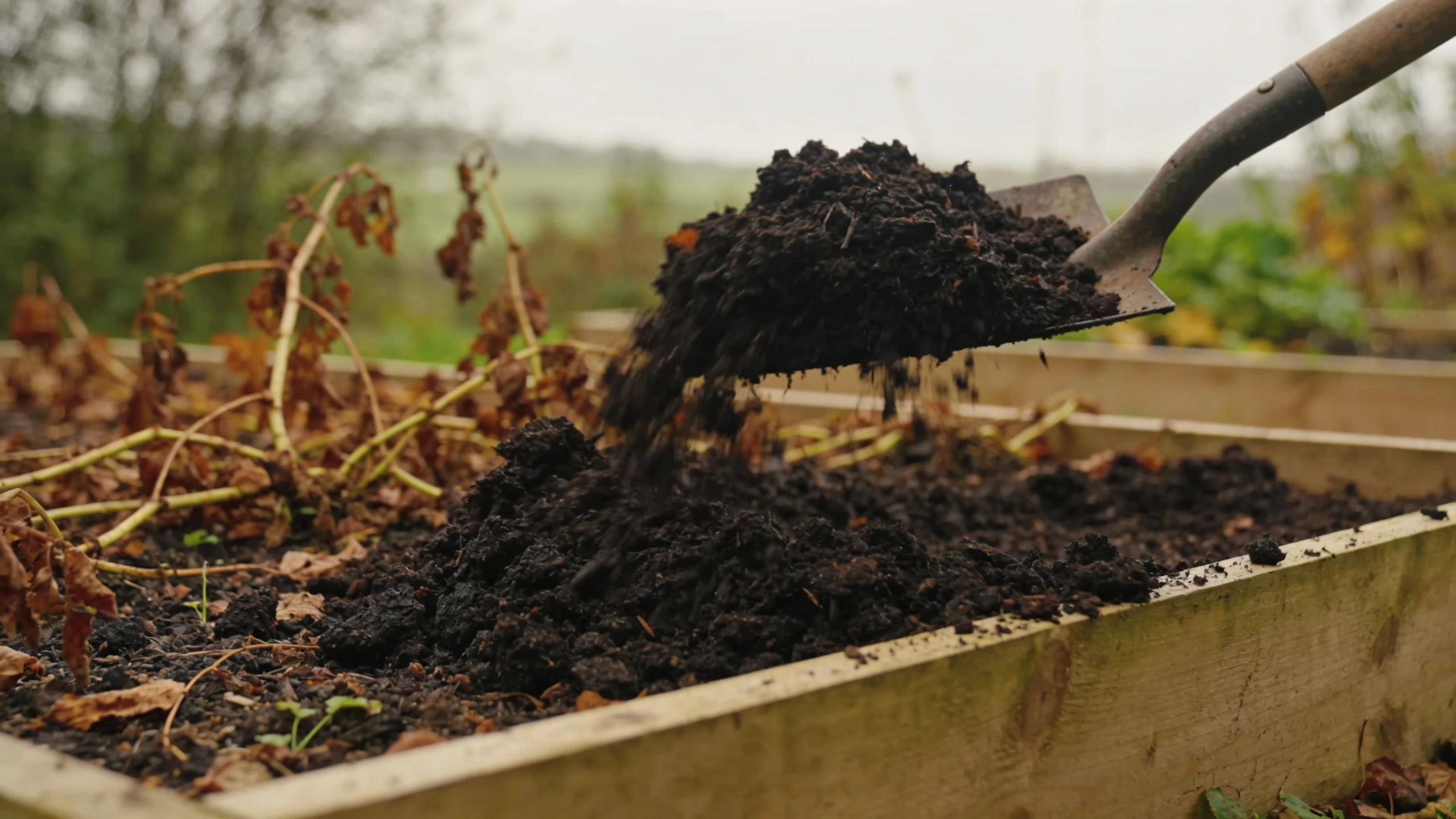 Spreading compost on a vegetable bed in autumn Dark compost being spread with a shovel over a raised bed after clearing spent plants