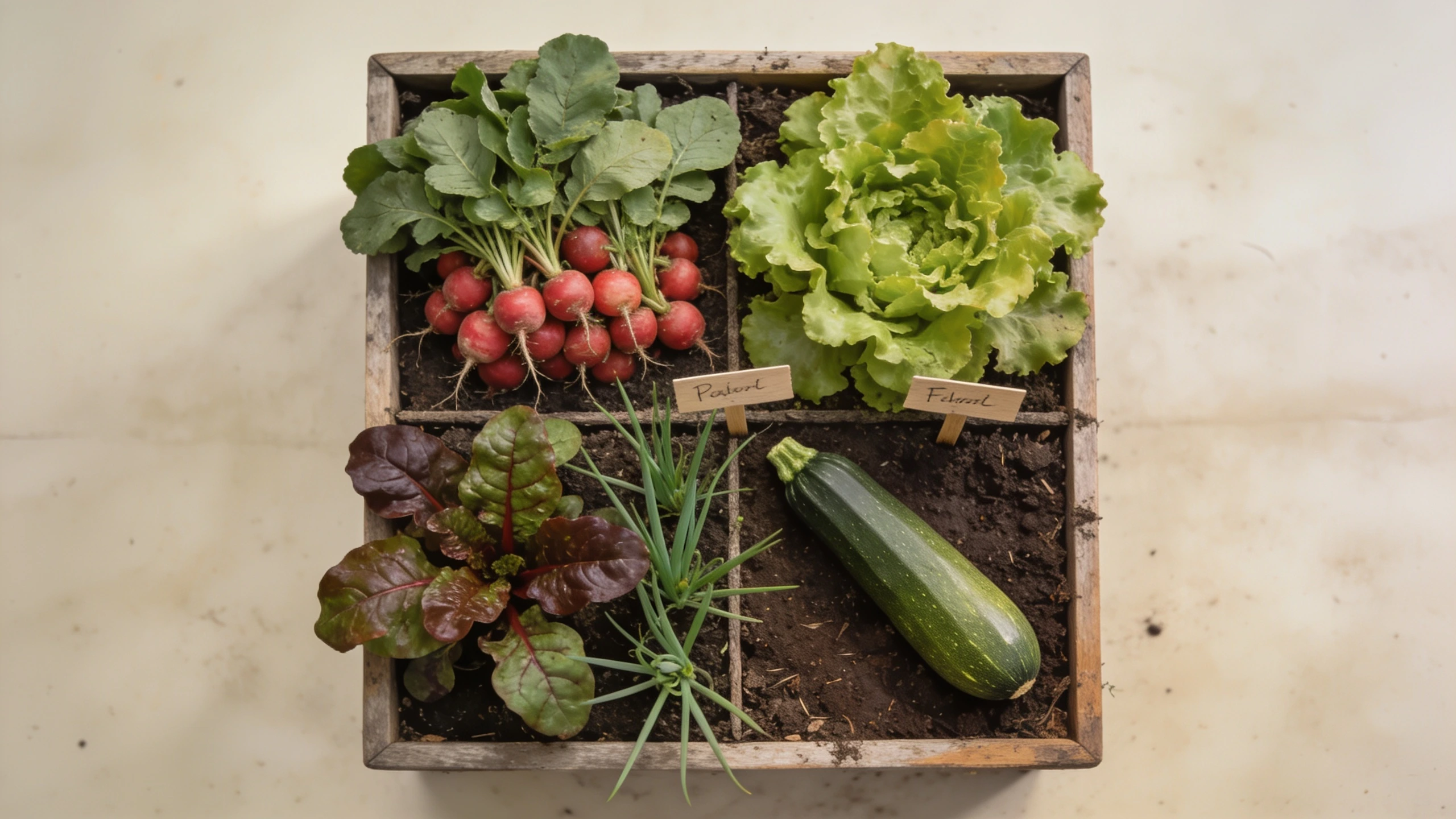 A vegetable bed planted in blocks rather than long rows Overhead view of a small square vegetable bed planted in labelled blocks of crops