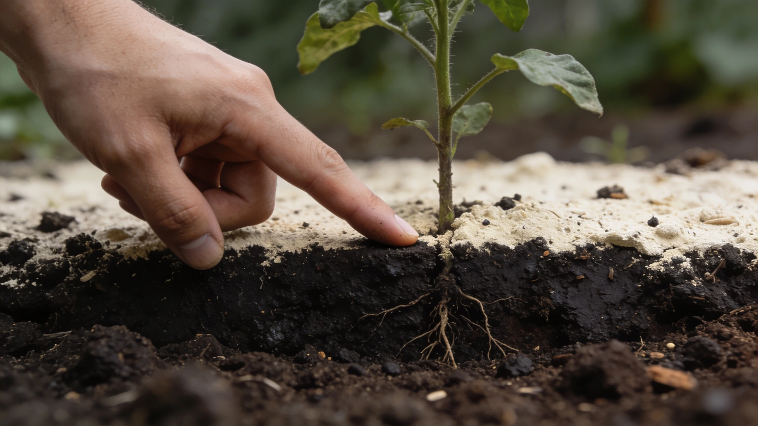 Checking soil moisture two inches down Finger pushed two inches into soil showing dry surface and damp soil below