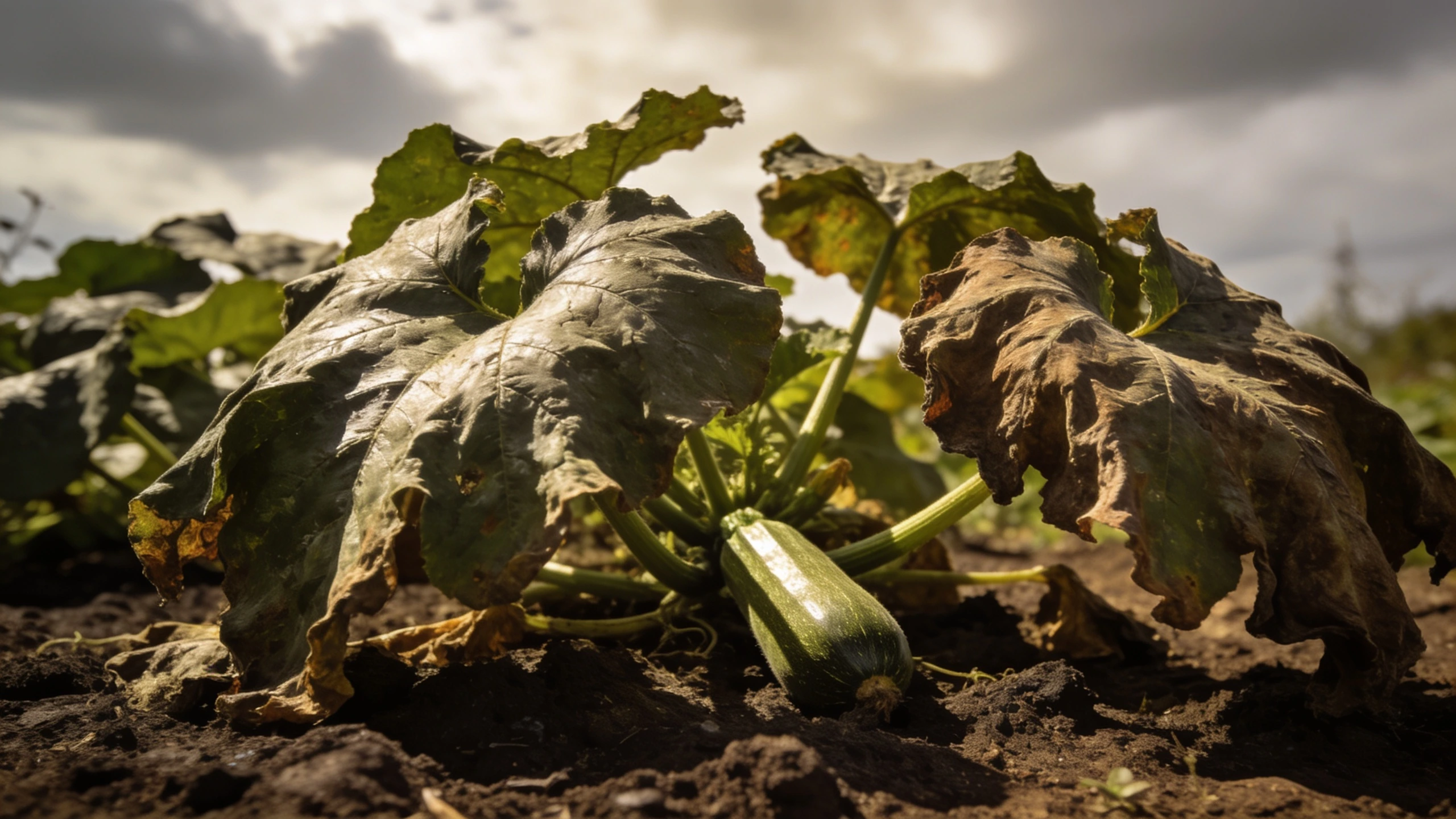 Courgette leaves wilting at midday over damp soil Large courgette leaves drooping in midday sun above visibly damp dark soil