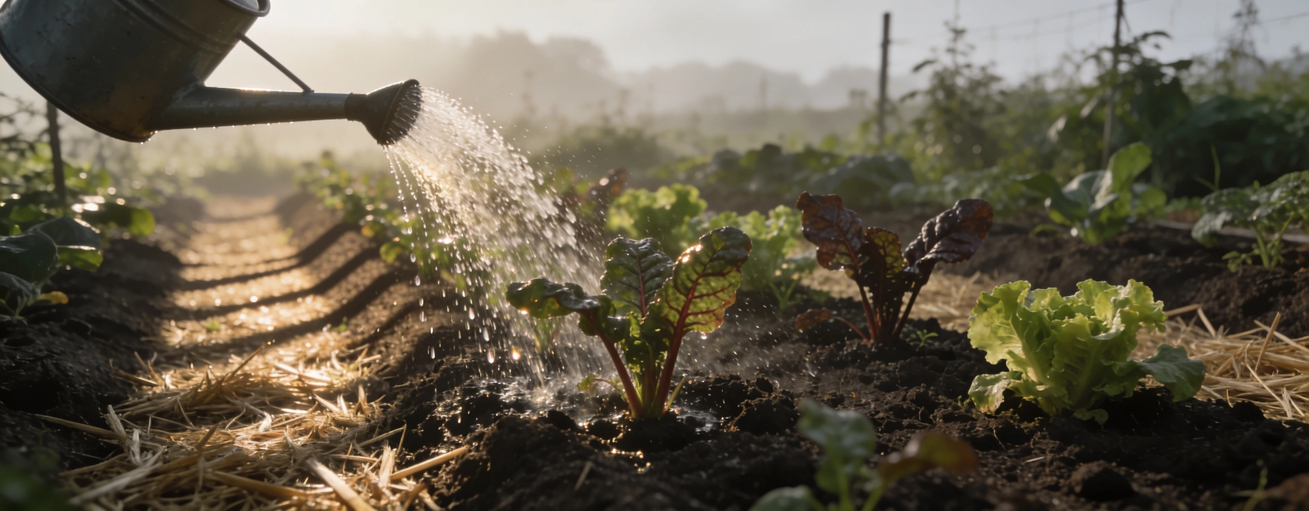 Watering can soaking dark soil around young chard and lettuce at sunrise