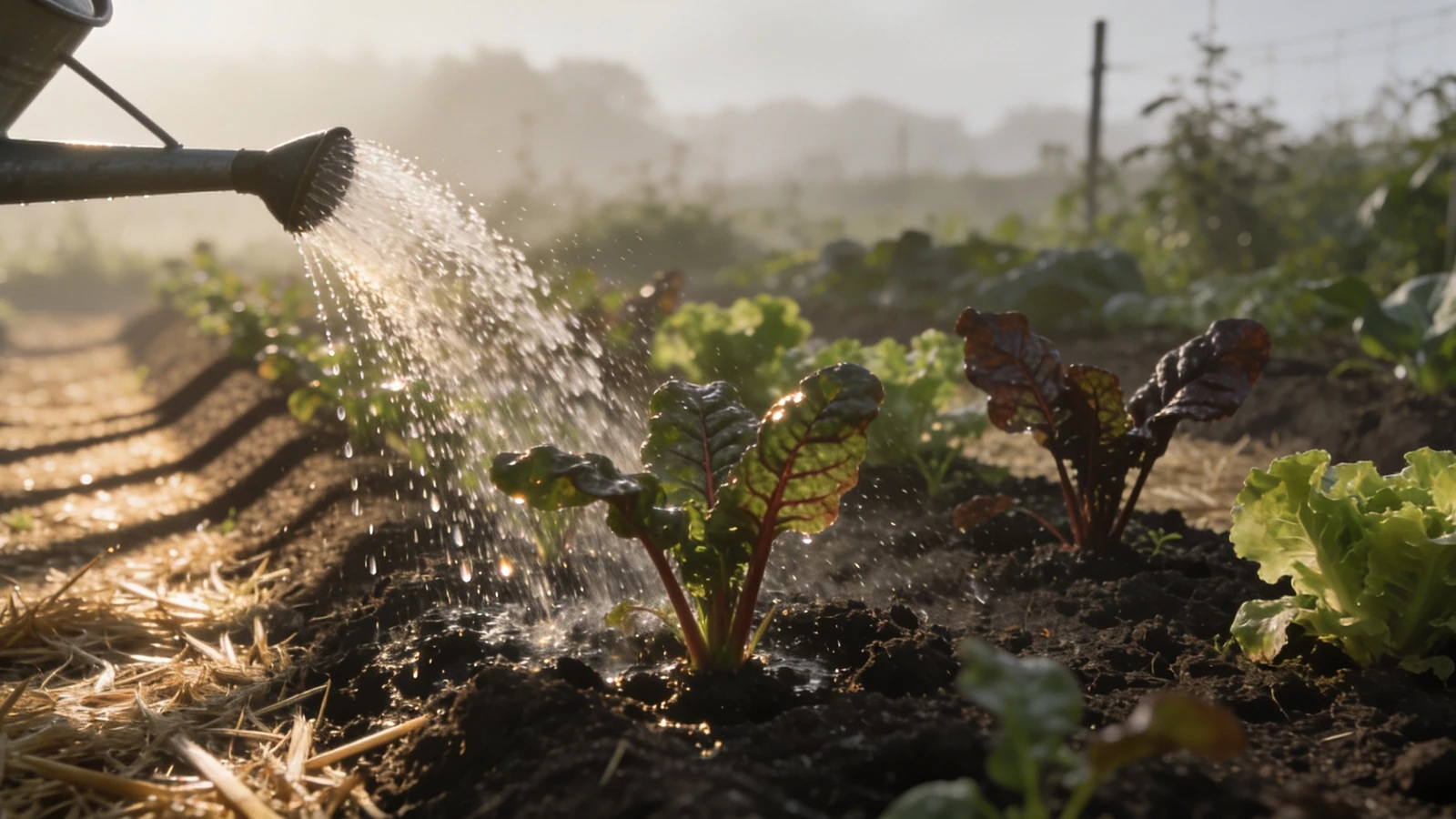 Watering can soaking dark soil around young chard and lettuce at sunrise
