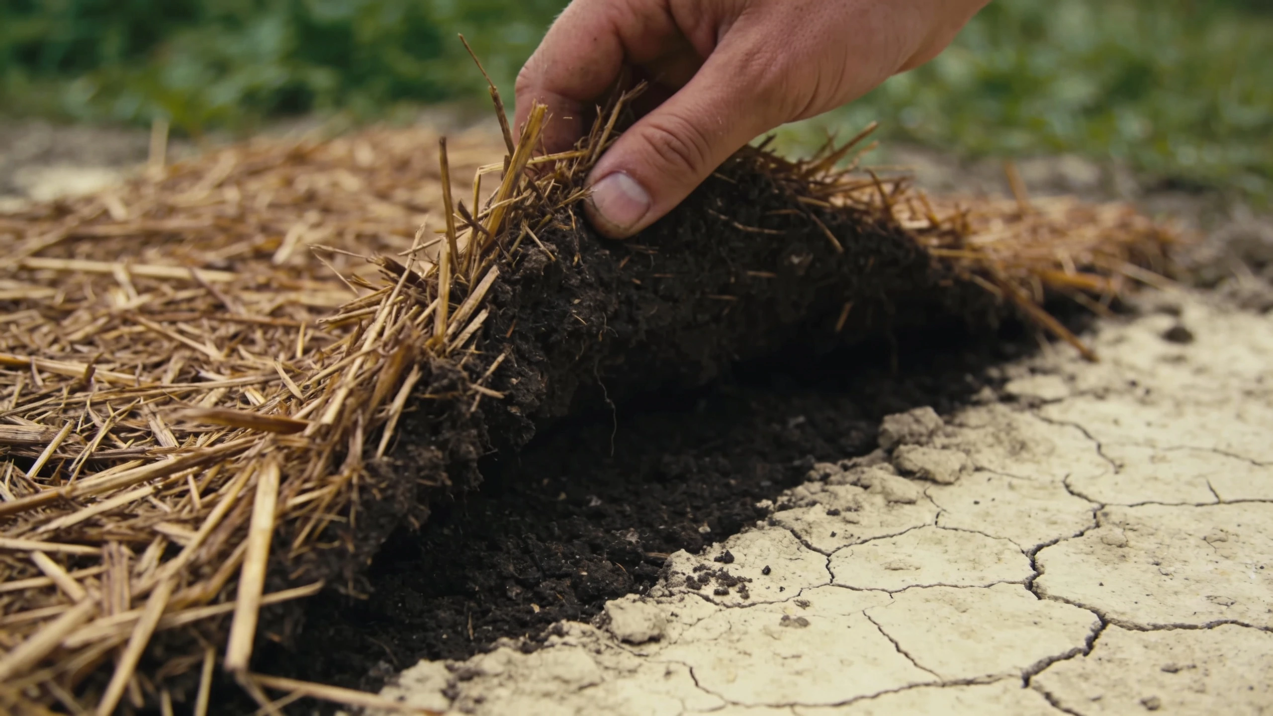 Mulch holding moisture in the soil beneath it Hand lifting straw mulch to show damp soil beside pale cracked bare soil