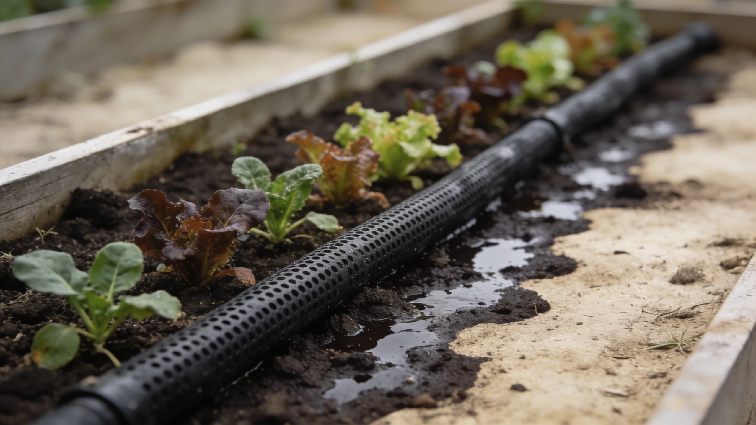 A soaker hose laid along a vegetable bed Porous soaker hose along a row of vegetables with wet soil spreading beneath it