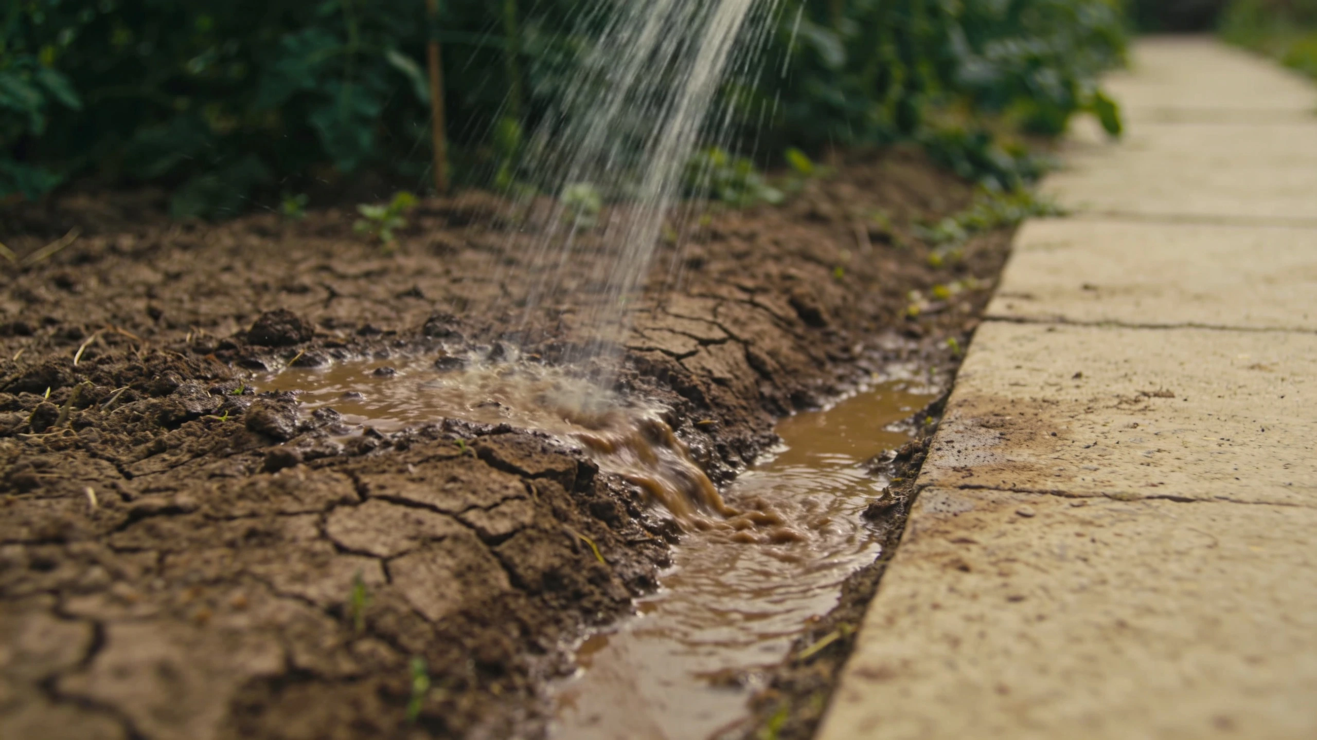 Water running off dry compacted garden soil Water running sideways across dry compacted soil instead of soaking in